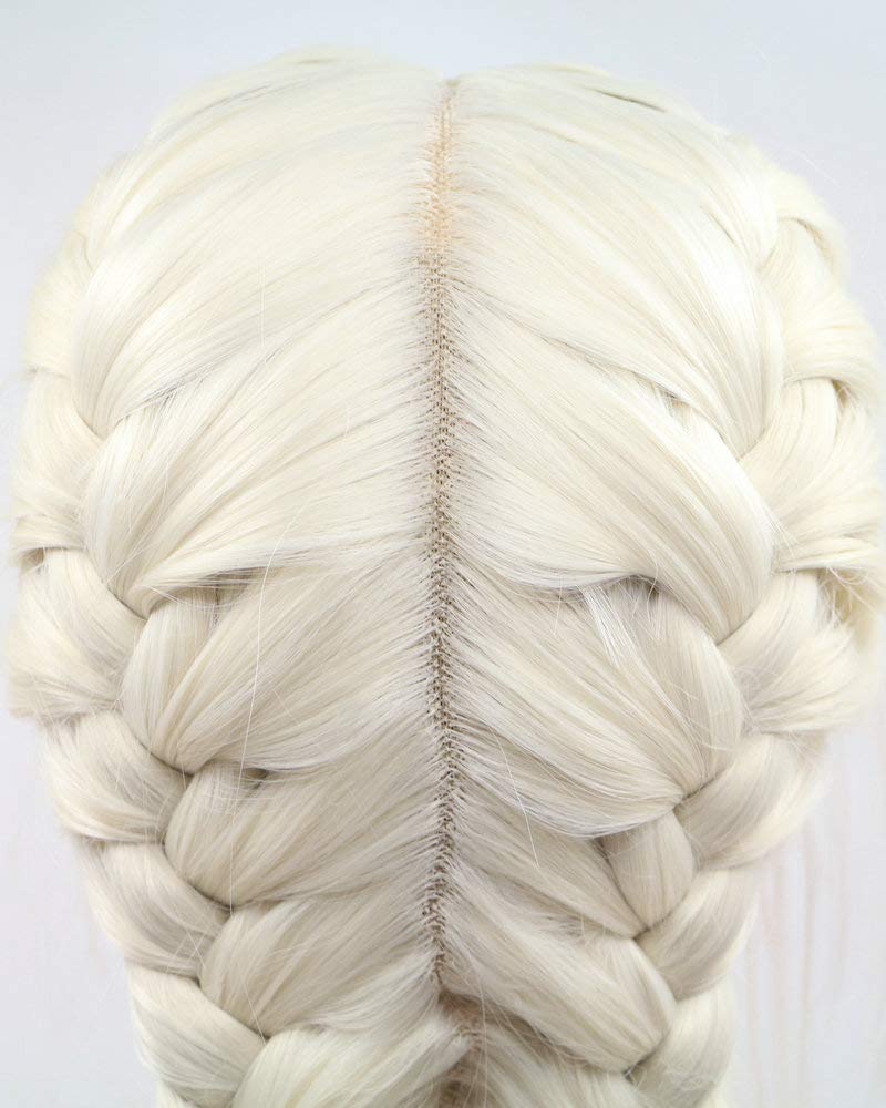 Natural Looking Long Braids Wigs for Women - Hand-Tied Double Braided Synthetic Lace Front Wig with Baby Hair - 60# White Blonde - Perfect for Daily Wear, Cosplay, and Protective Hairstyles