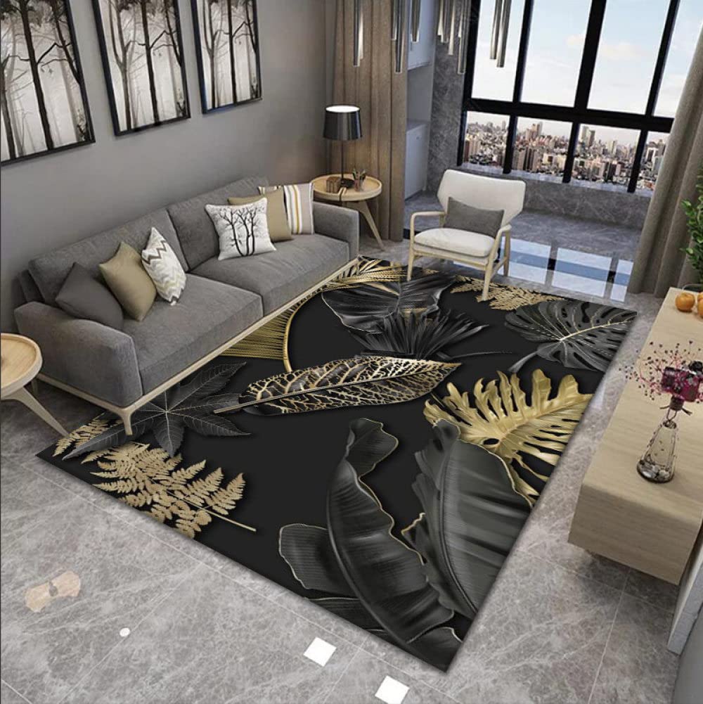 Nordic Minimalist Extra Large Area Rug - Black & Gold Leaf Print Non-Slip Living Room Carpet, 100x200cm (39x78in) - Perfect for Farmhouse, Bedroom & Gothic Decor Styles