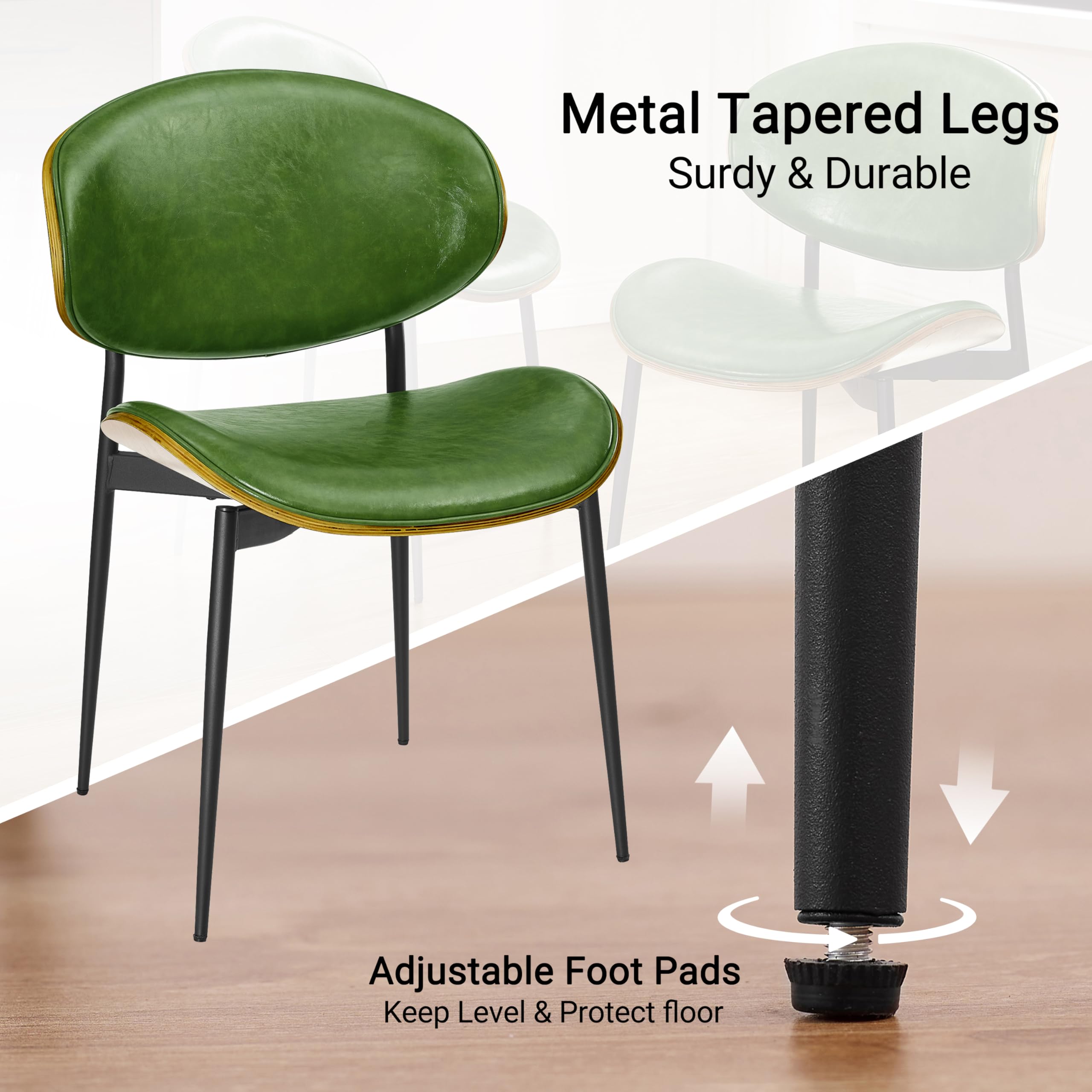 Art Leon Dining Chairs Set of 2 - Walnut Bentwood Mid Century Modern Kitchen & Dining Room Chairs - Green Faux Leather Upholstered Accent Chairs for Bedroom, Living Room & Office - Comfortable Seating for Home Decor