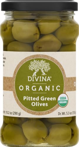 Divina Organic Pitted Green Olives - 5.3 oz Jar | Premium Mediterranean Snack for Salads, Charcuterie Boards & Healthy Recipes