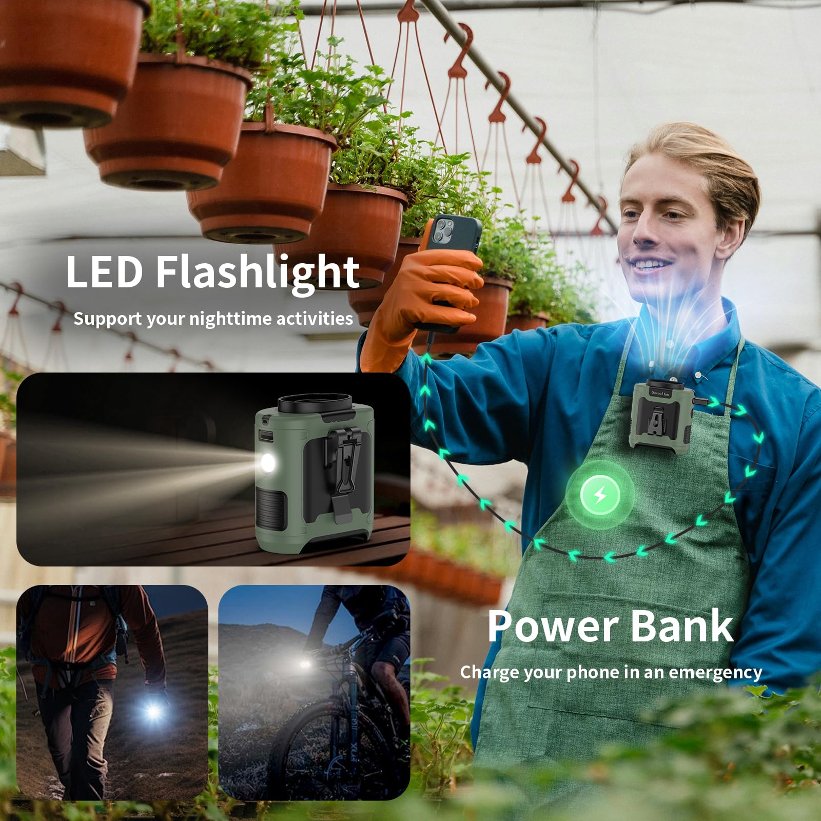 10000mAh Rechargeable Portable Waist Fan - Hands-Free Wearable Belt Fan with 5 Speed Settings & LED Flashlight - 40H Cooling for Outdoor Activities, Camping, Hiking, Travel, Sports, and Work