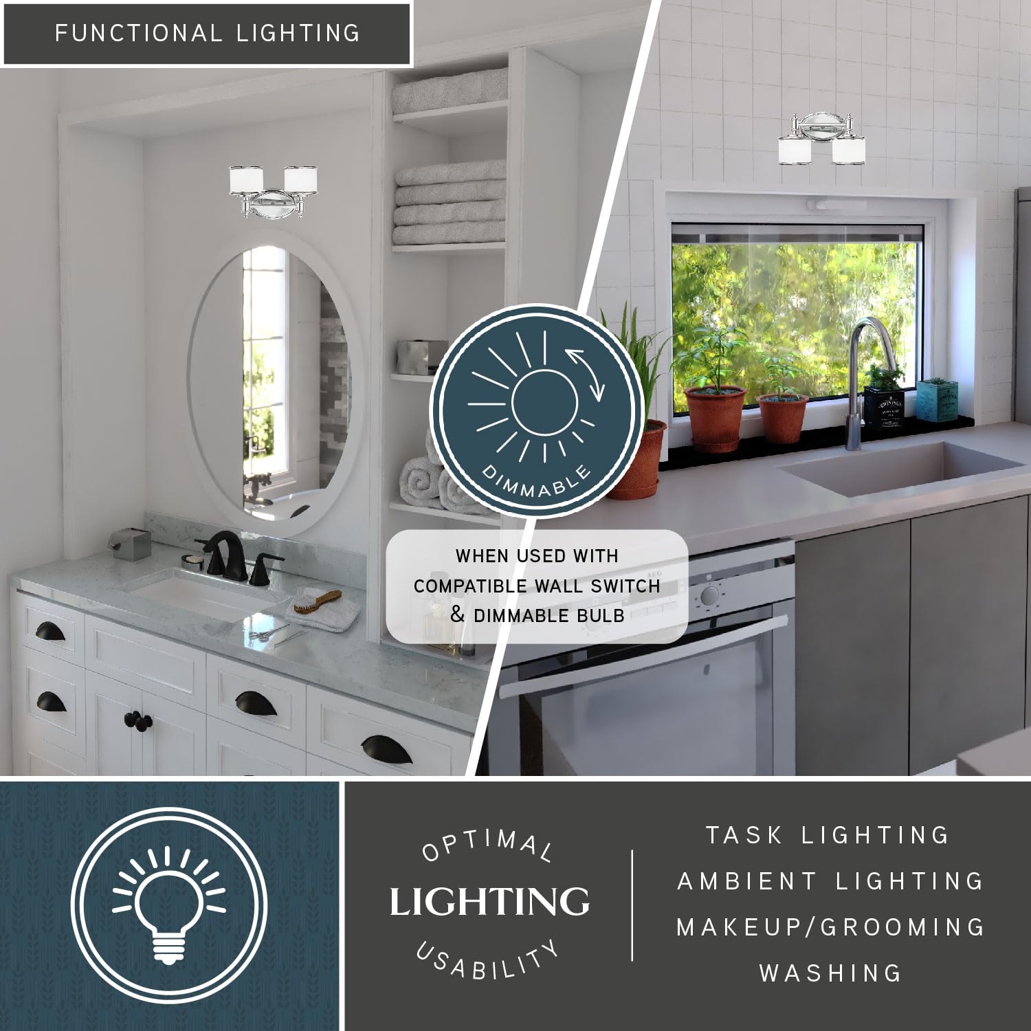 Carlisle 2 Light Chrome Bathroom Vanity Light Fixture - Modern Bathroom Lighting for Vanity Mirror Makeup Area and Powder Room