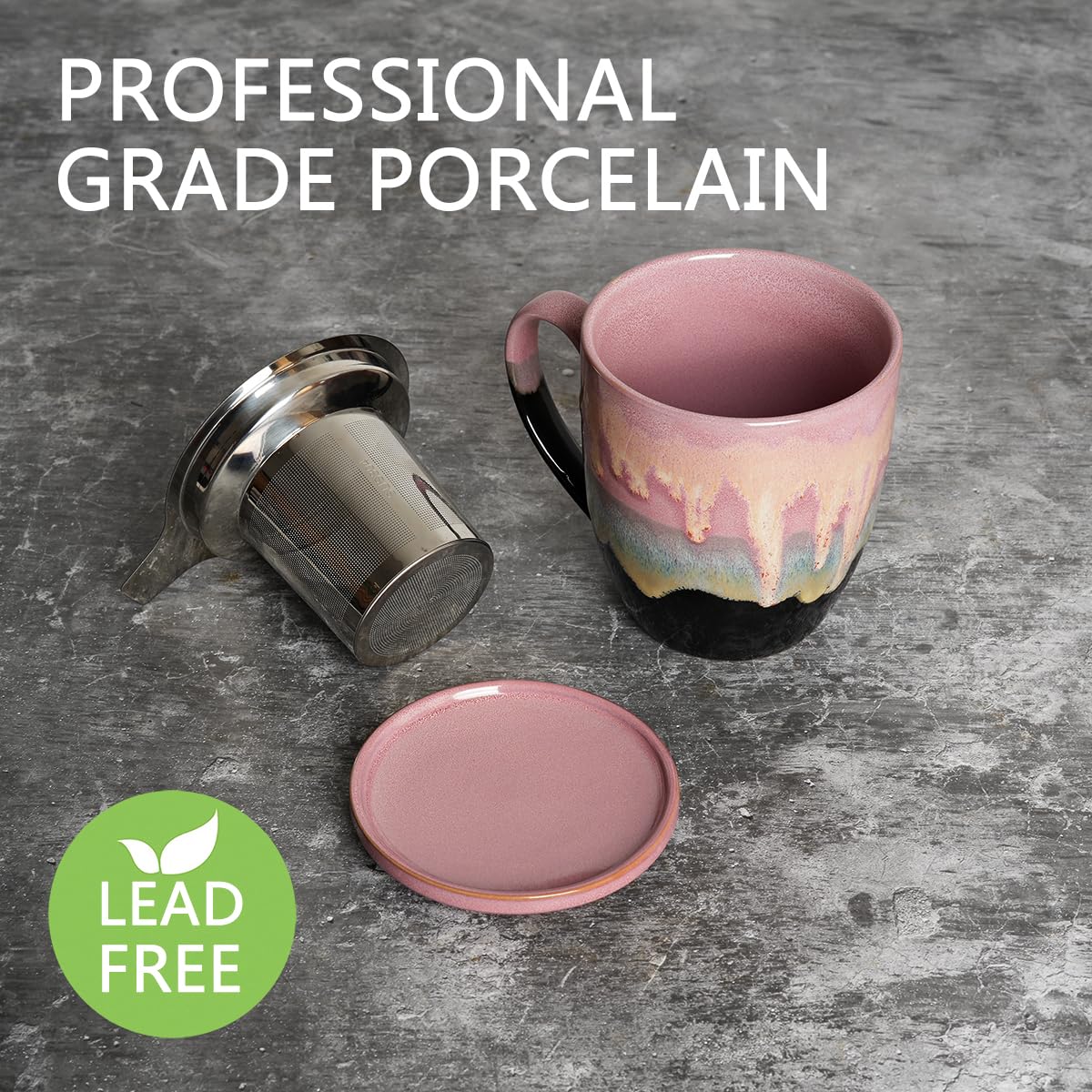 Bosmarlin 16 Oz Ceramic Tea Cup with Infuser, Lid & Strainer - Dishwasher & Microwave Safe Steeping Mug - 4 Colors (Pink) - Perfect for Loose Leaf Tea, Herbal Infusions & Office/Home Use