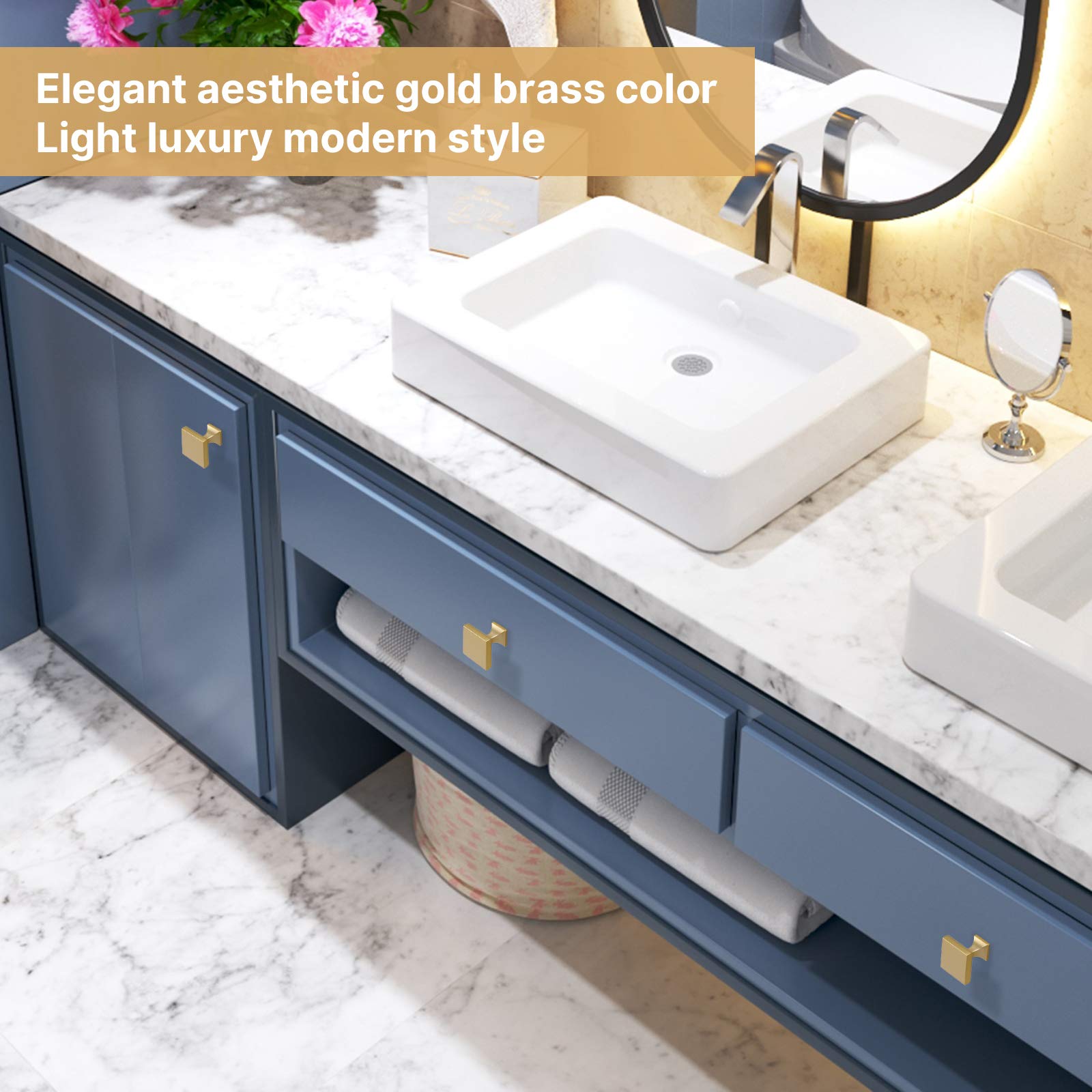 Modern Brass Cabinet Knobs 10-Pack - Gold Square Drawer Pulls for Kitchen & Bathroom