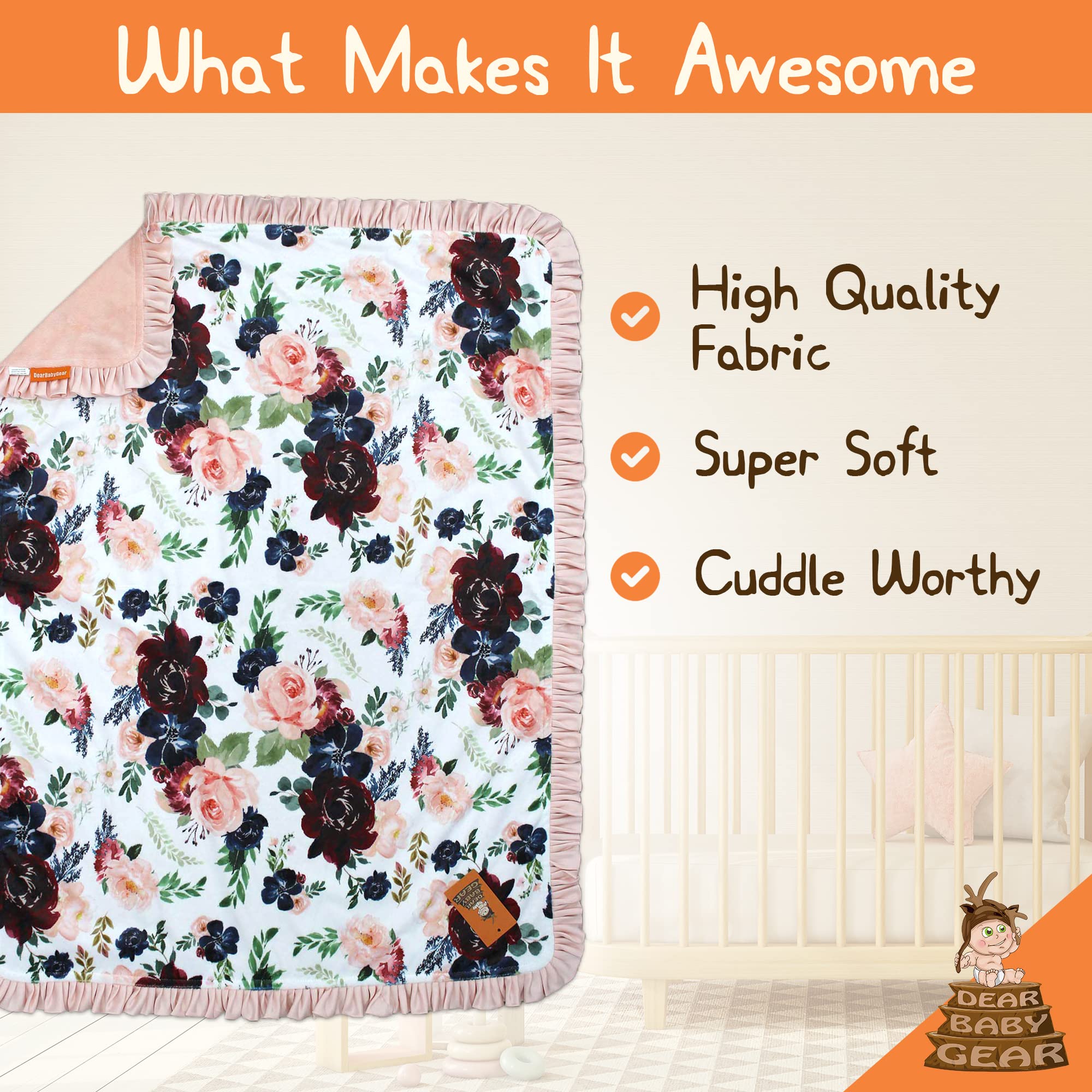 Dear Baby Floral Blanket - Reversible Baby Gift for Newborns - Burgundy Navy Floral - Nursery & Photo Shoots
