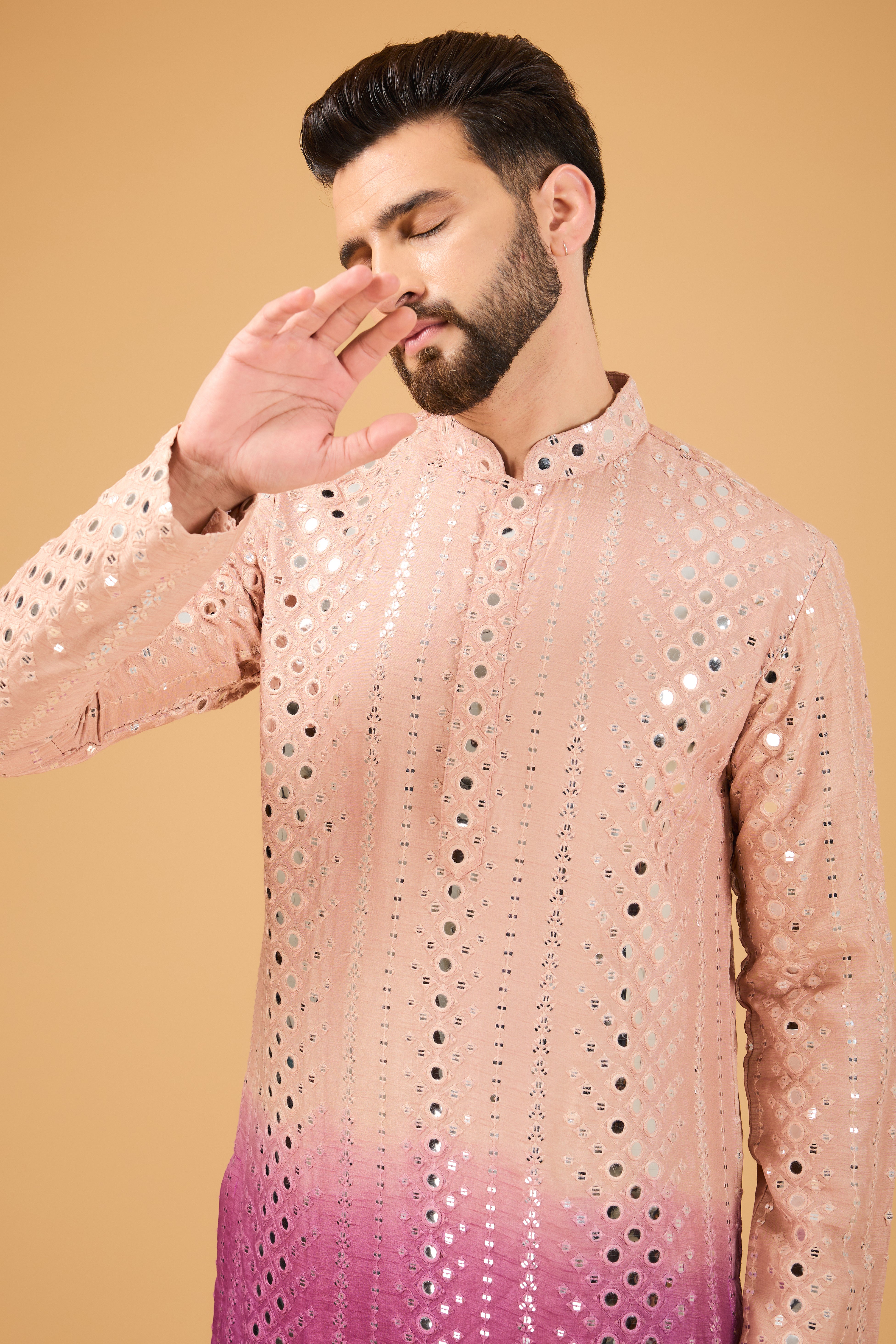 Nude Mauve Ombre Shaded Mirror Work Kurta - Elegant Embroidered Indian Tunic for Women, Perfect for Festivals, Weddings & Ethnic Occasions
