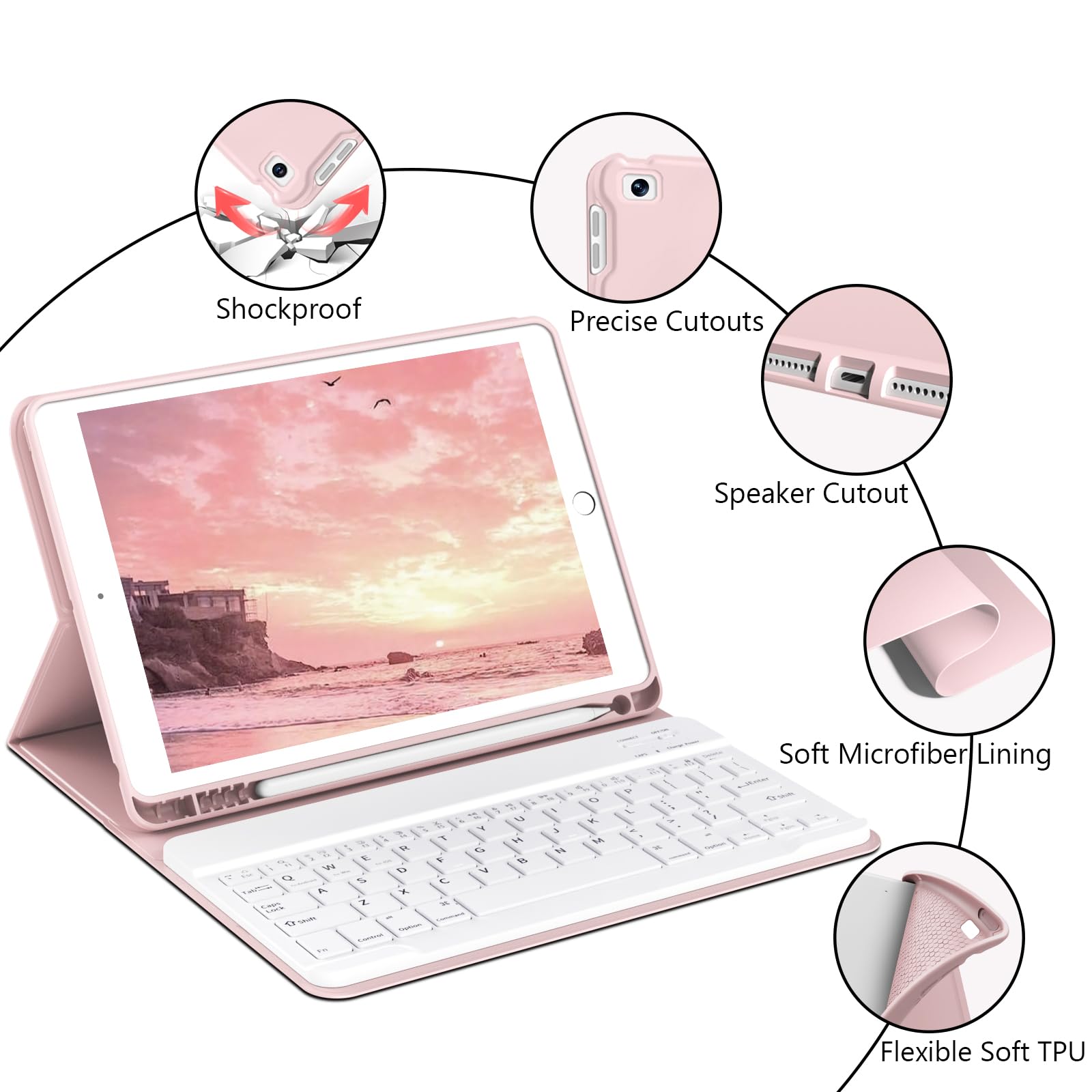 JKSML 9.7 Inch Bluetooth Keyboard Case for iPad 6th/5th Gen (2018/2017) & iPad Air 2/Air 1 - Detachable Rechargeable Keyboard with Pencil Holder, Auto Sleep/Wake Cover - Pink | Perfect for Work, Study & Travel