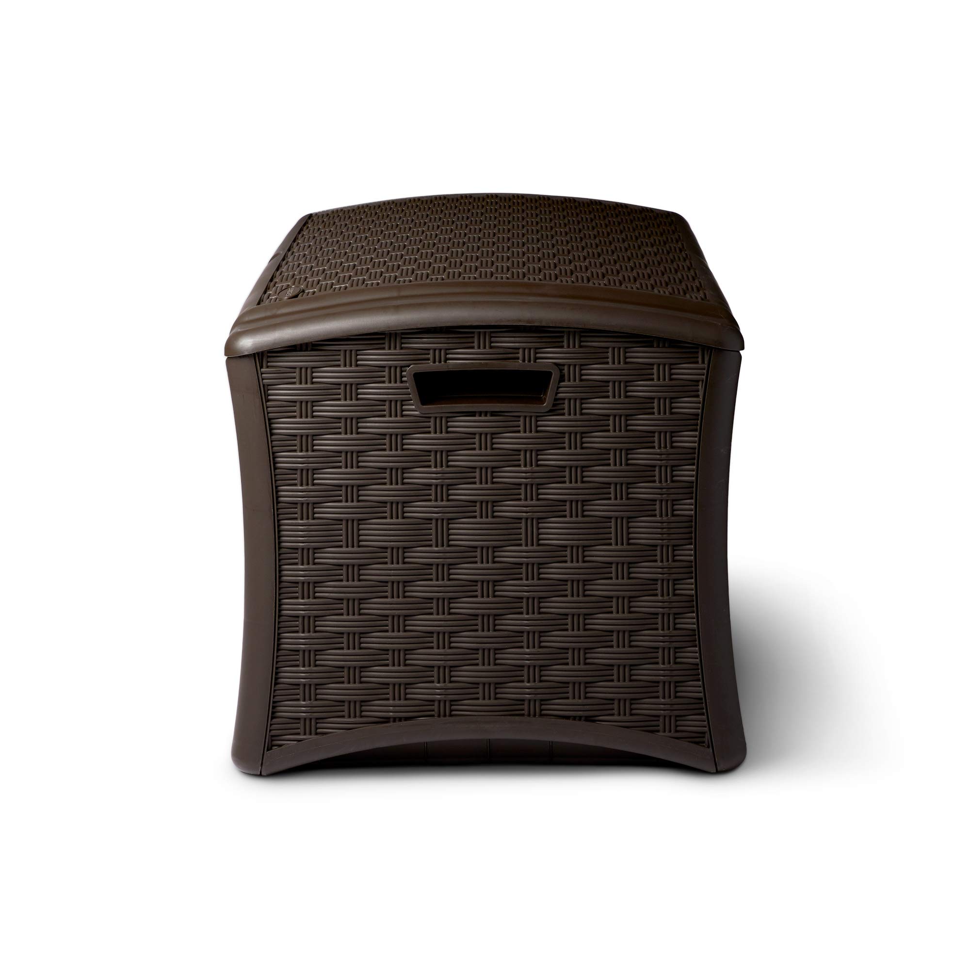 Suncast 72 Gallon Outdoor Storage Deck Box - Easy Assembly Plastic Wicker Patio Furniture Cover for Cushions, Pillows & Accessories | Weather-Resistant Deck Box for Backyard, Poolside & Garden Organization (Brown)