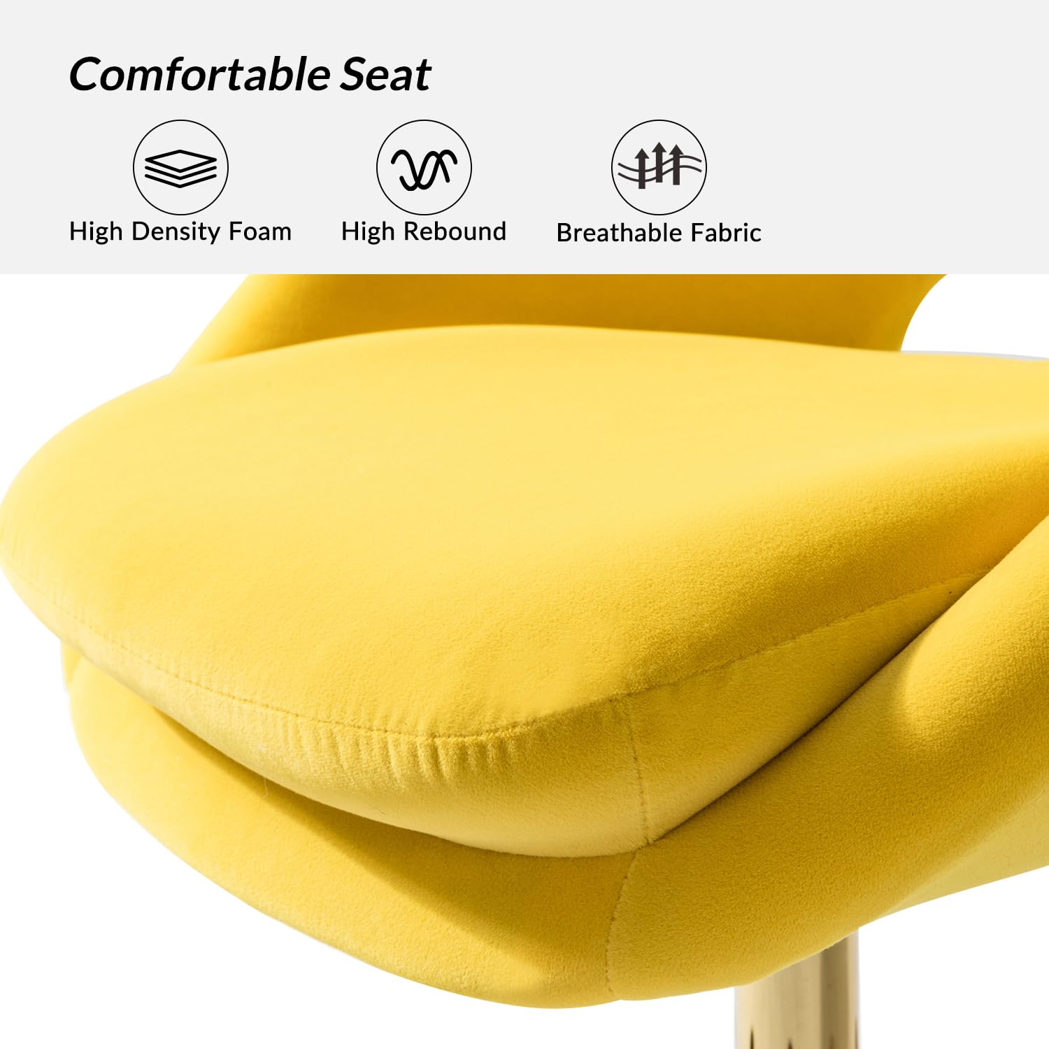 Modern Velvet Office Chair with Adjustable Swivel & Lumbar Support - Ergonomic Upholstered Desk Chair for Home Office, Study, Living Room - Small Cute Accent Chair in Yellow for Work, Gaming & Vanity