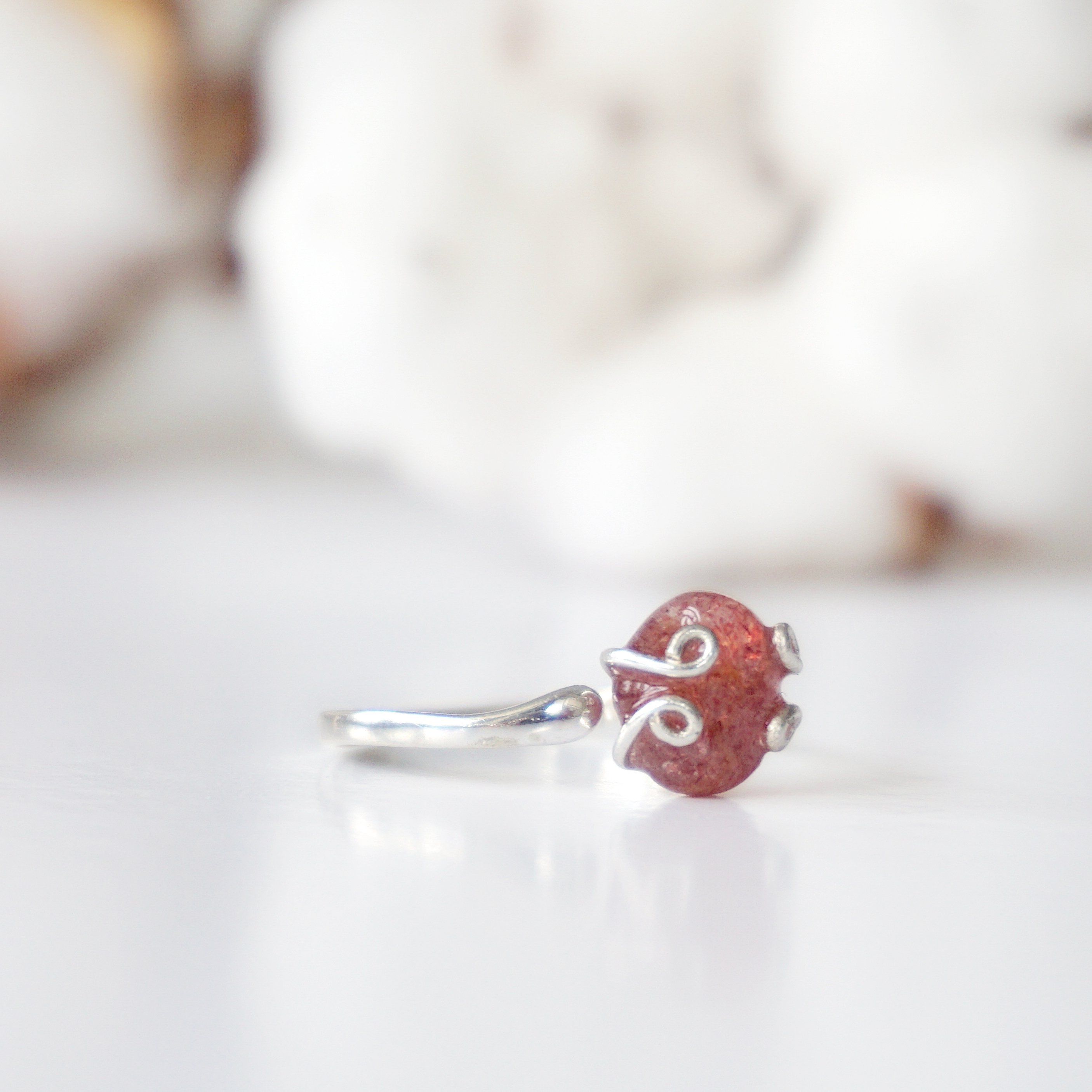 Strawberry Quartz Adjustable Ring Sterling Silver 925 - Elegant Adjustable Size Jewelry for Women, Gift for Her, Wedding, Party & Everyday Wear