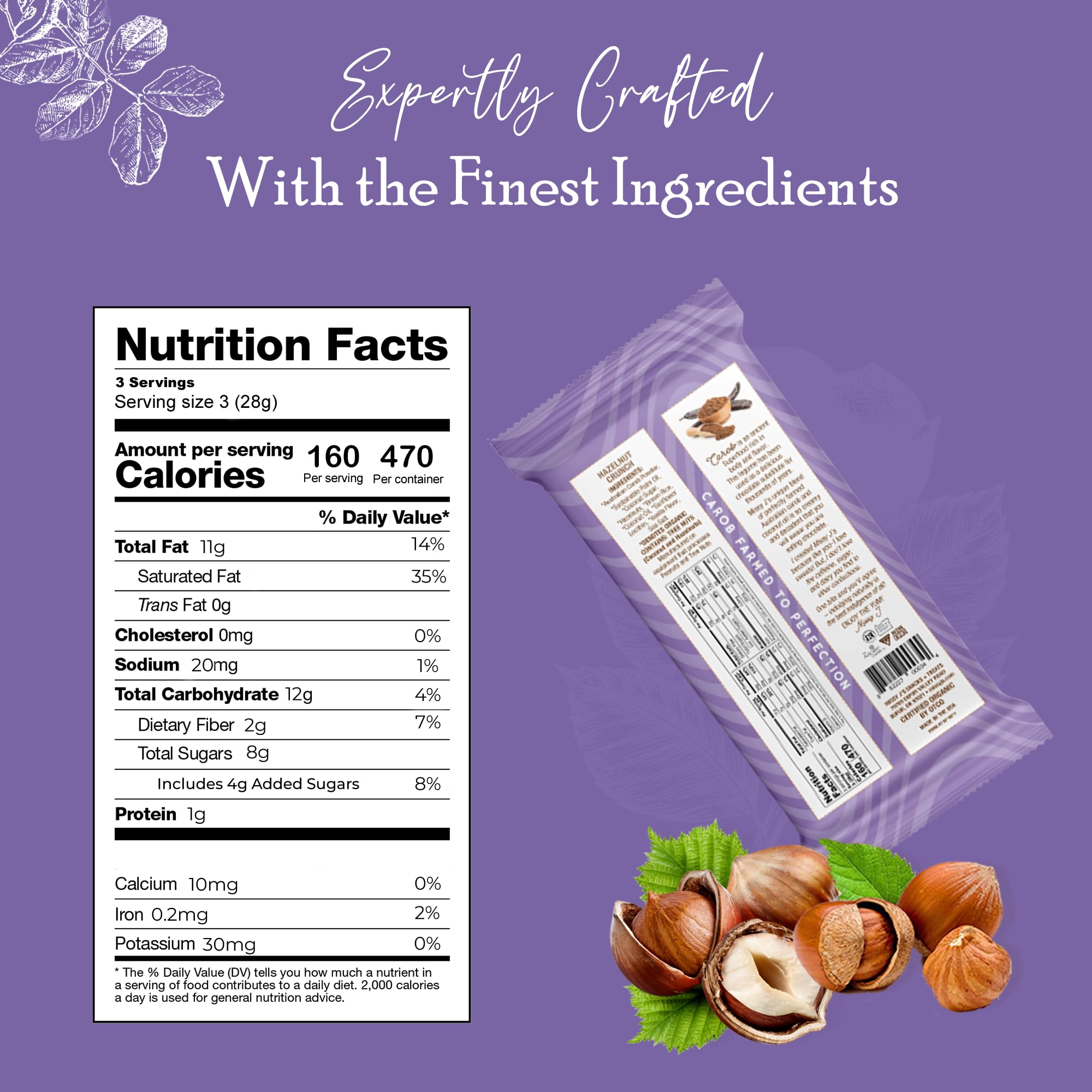 Organic Carob Hazelnut Bars 6-Pack - Vegan, Gluten-Free Snacks for Healthy Treats