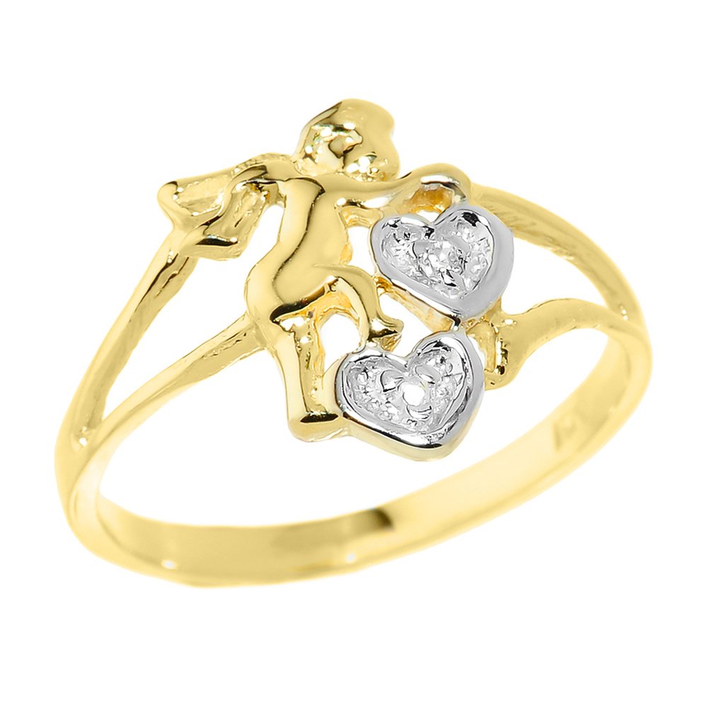 10k Yellow Gold Diamond Heart Angel Ring - Dainty Modern Love Jewelry for Women - Perfect for Valentine's Day, Anniversary & Romantic Gifts