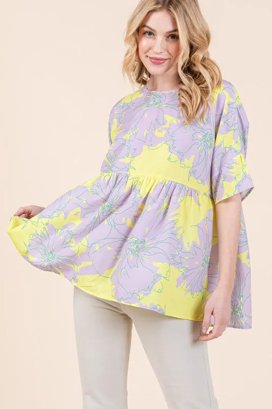 BOMBOM Floral Babydoll Tunic Top for Women - Cute Summer Blouse with Ruffles & Lace Trim - Perfect for Date Night, Beach Cover-Up, and Casual Outfits