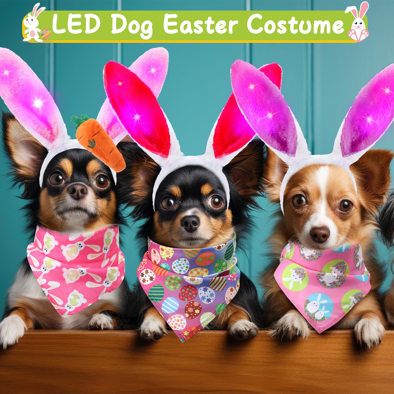 12 Pcs Dog Easter Costume Set - LED Bunny Ears Headband, Easter Bandanas & Chew Toys for Small Medium Dogs | Fun Easter Party Outfits & Gifts for Puppies | Perfect for Easter Photos, Pet Parades & Holiday Celebrations