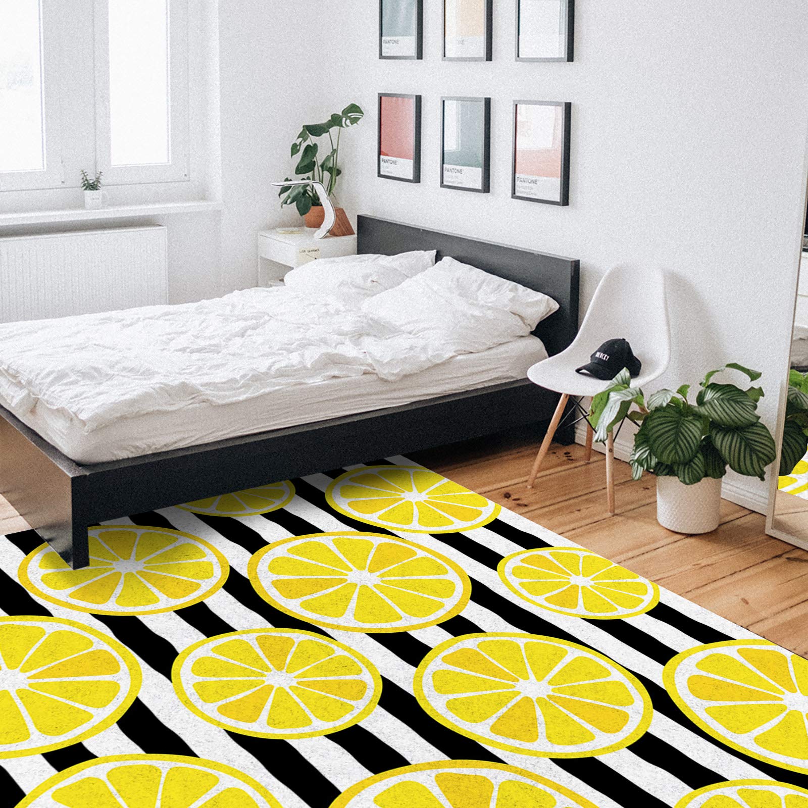 4x6ft Large Non-Slip Area Rug - Tropical Lemon Slices Summer Fruit Design for Living Room, Bedroom, Hallway - Indoor/Outdoor Decor Rug in Black & White Stripes | Perfect for Home, Nursery, and Patio Use
