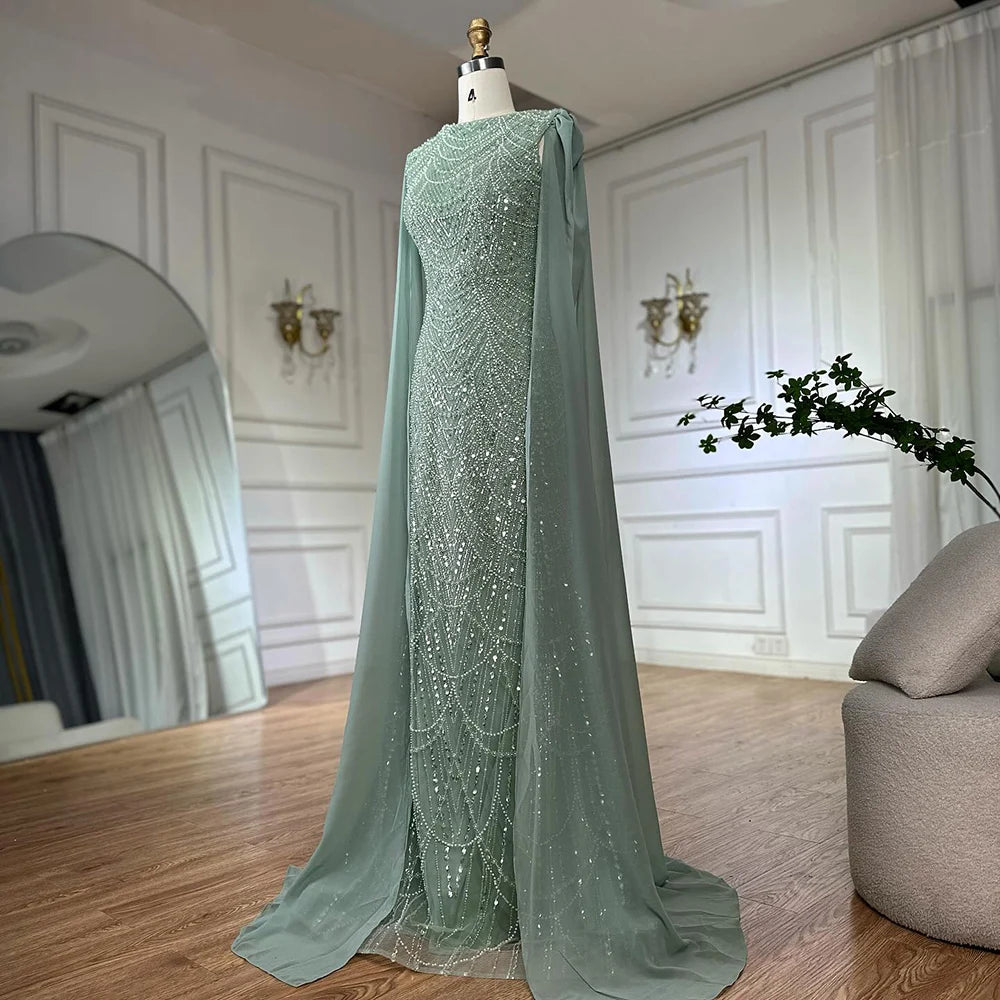 Luxury Dubai Saudi Arabia Blue Mermaid Cape Sleeve Beaded Evening Gown LA72160A - Elegant Formal Dress for Prom, Gala & Red Carpet Events