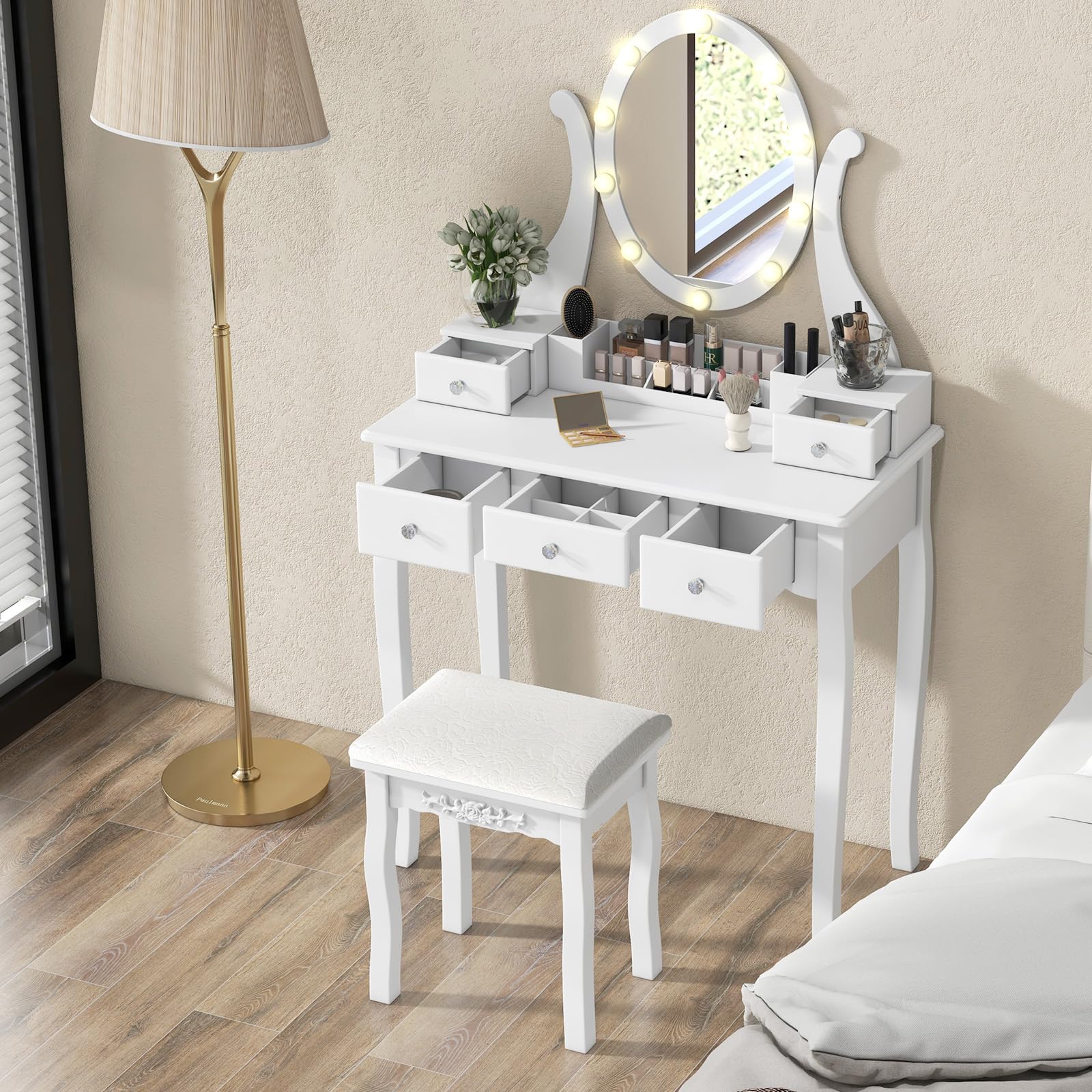 Charmaid White Makeup Vanity Table with LED Lighted Mirror - 10 Adjustable Brightness Lights, 5 Drawers & Removable Organizer, Dressing Desk with Stool for Bedroom, Bathroom & Beauty Salon