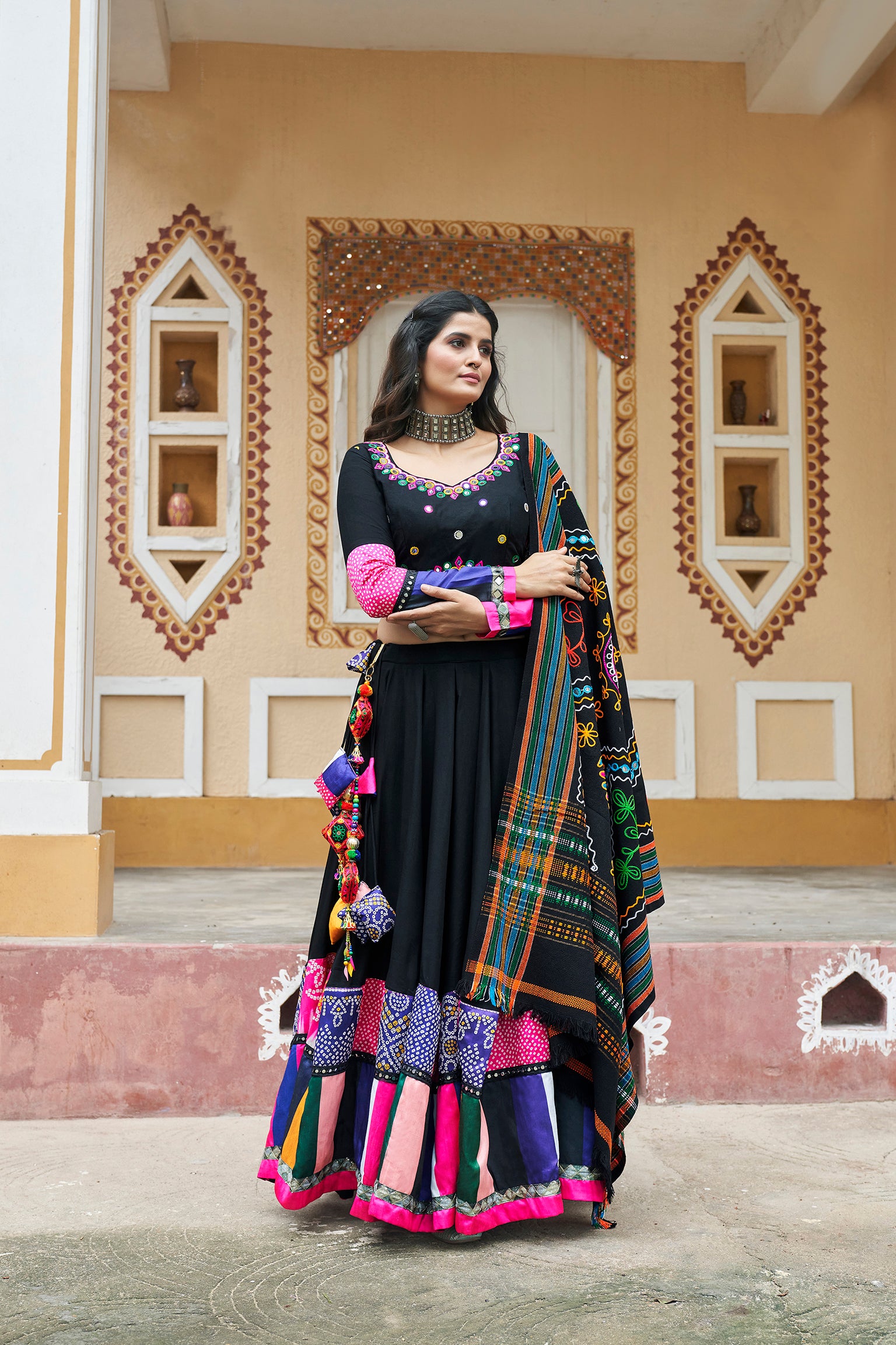 Stylish Black Printed Viscose Rayon Lehenga Choli Set with Dupatta for Navratri Festival - Perfect for Indian Weddings, Festive Celebrations & Cultural Events (D533)