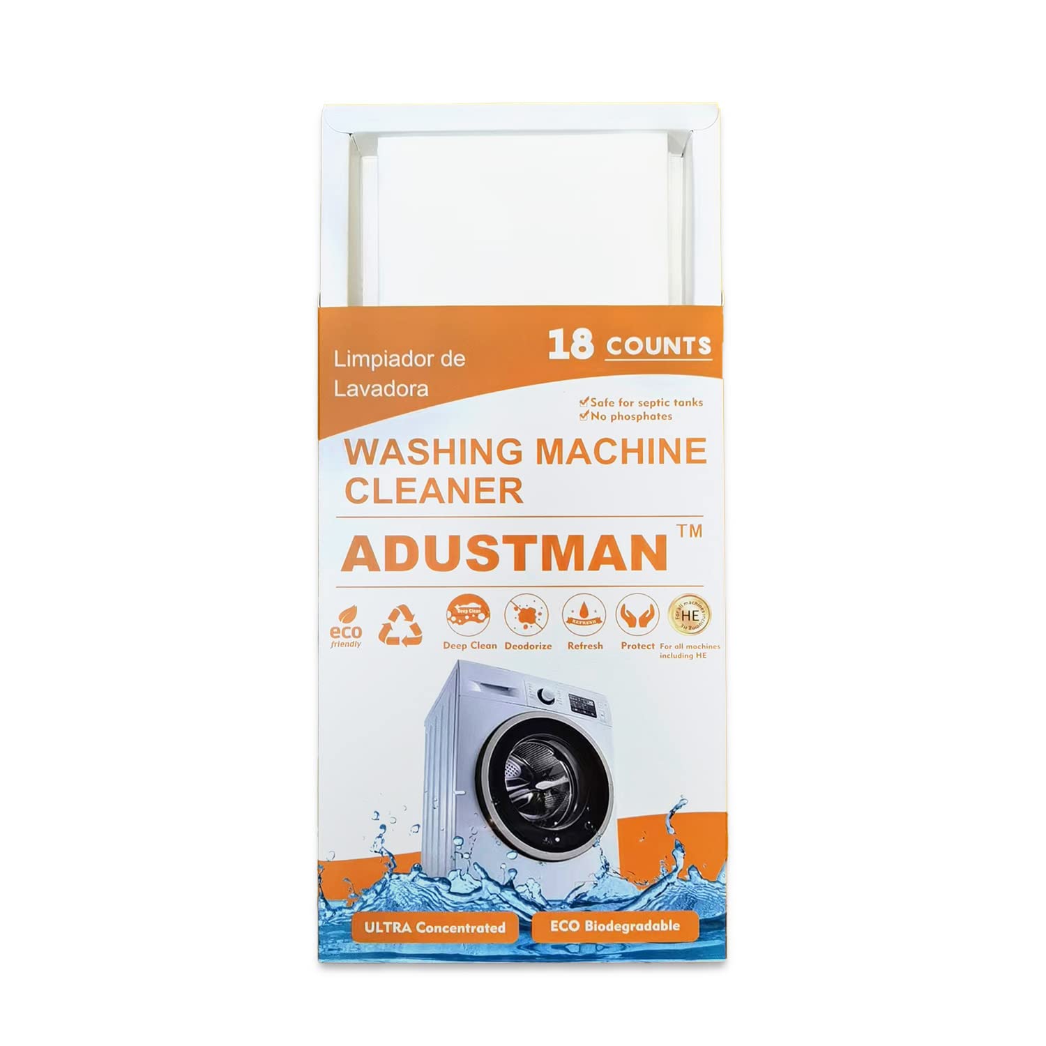 ADUSTMAN Washing Machine Cleaner 18 Count - Fresh Scent, Biodegradable & Eco-Friendly Washer Cleaner Tablets - Powerful Deep Cleaning, Easy to Use (1 Pack) - Removes Odor & Mold for Top & Front Load Washers