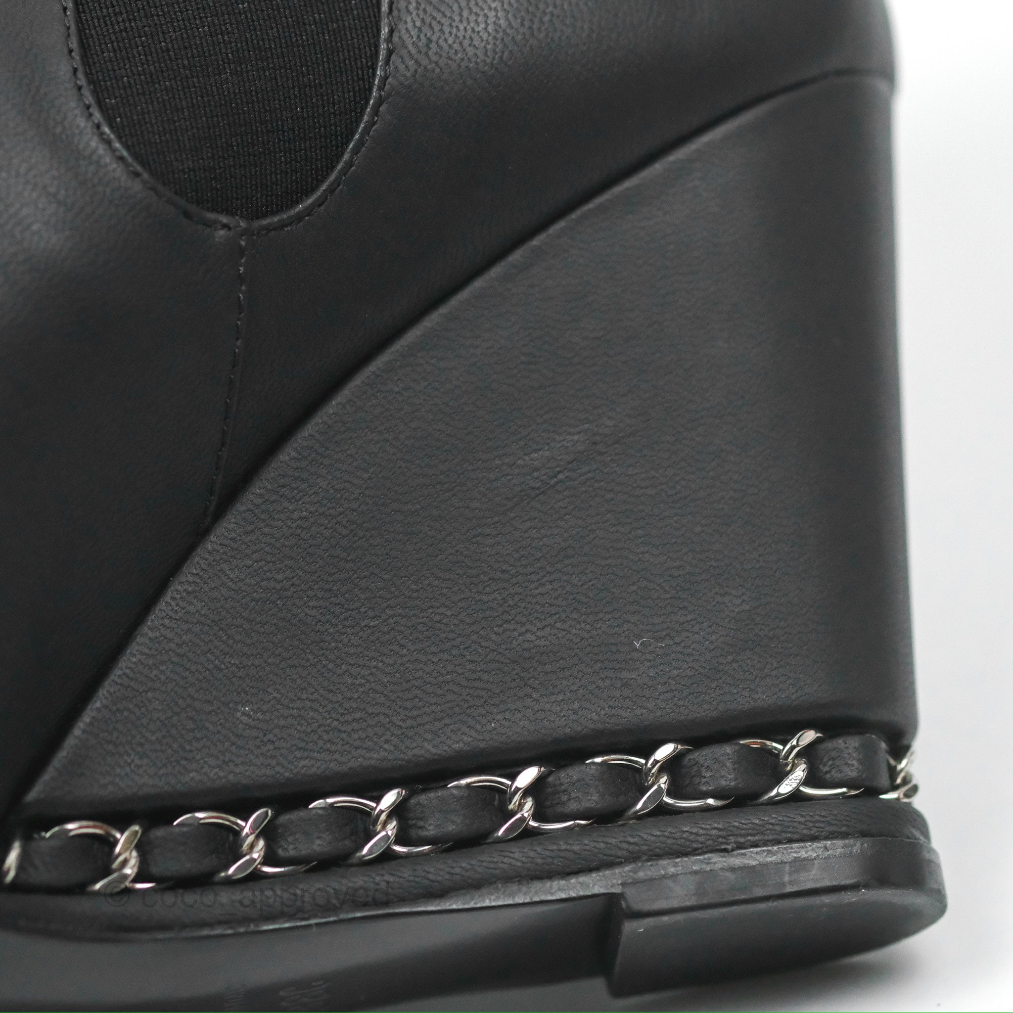 Chanel CC Pointy Toe Chain Wedge Ankle Boots Black Leather Women's Shoes - Perfect for Evening Parties, Date Nights & Fashion Events