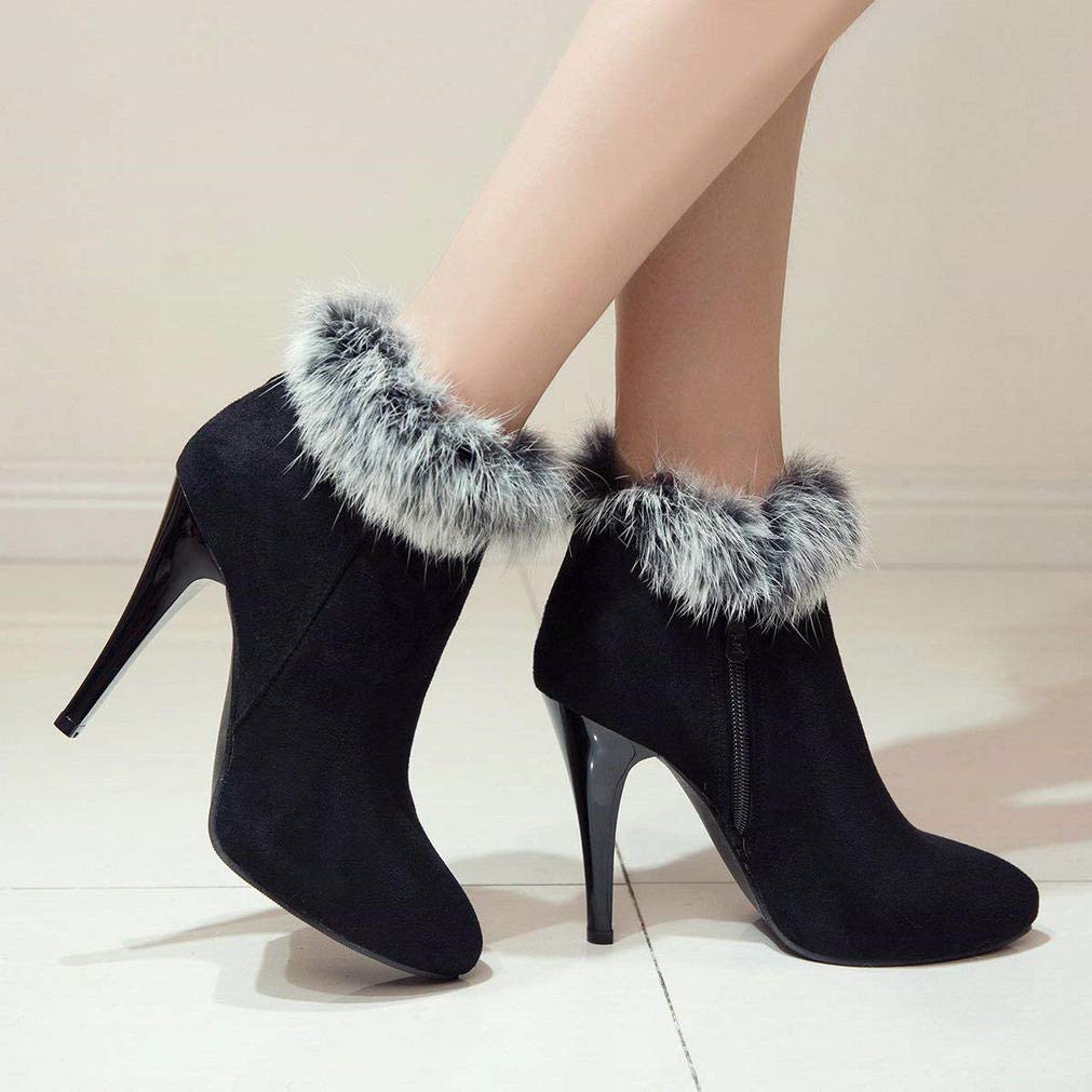 KOKOMOMO Women's High Heel Fluffy Ankle Boots - Pointed Toe Zip Up Winter Shoes for Women | Stylish & Warm Booties for Fall, Winter, Office & Party Wear