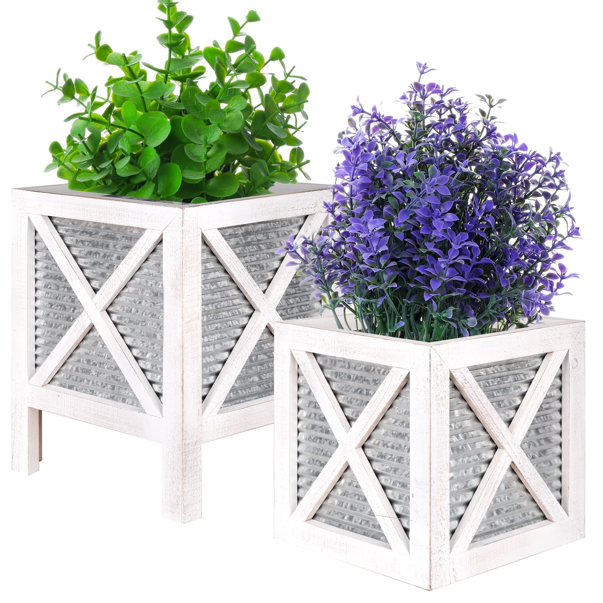 Farmhouse Front Porch Planters Set of 2 - Rustic Wood & Galvanized Metal Outdoor/Indoor Plant Stands - White Square Planters Box on Legs for Patio, Garden, Porch Decor - Perfect for Flowers, Herbs & Farmhouse Style Home Decor