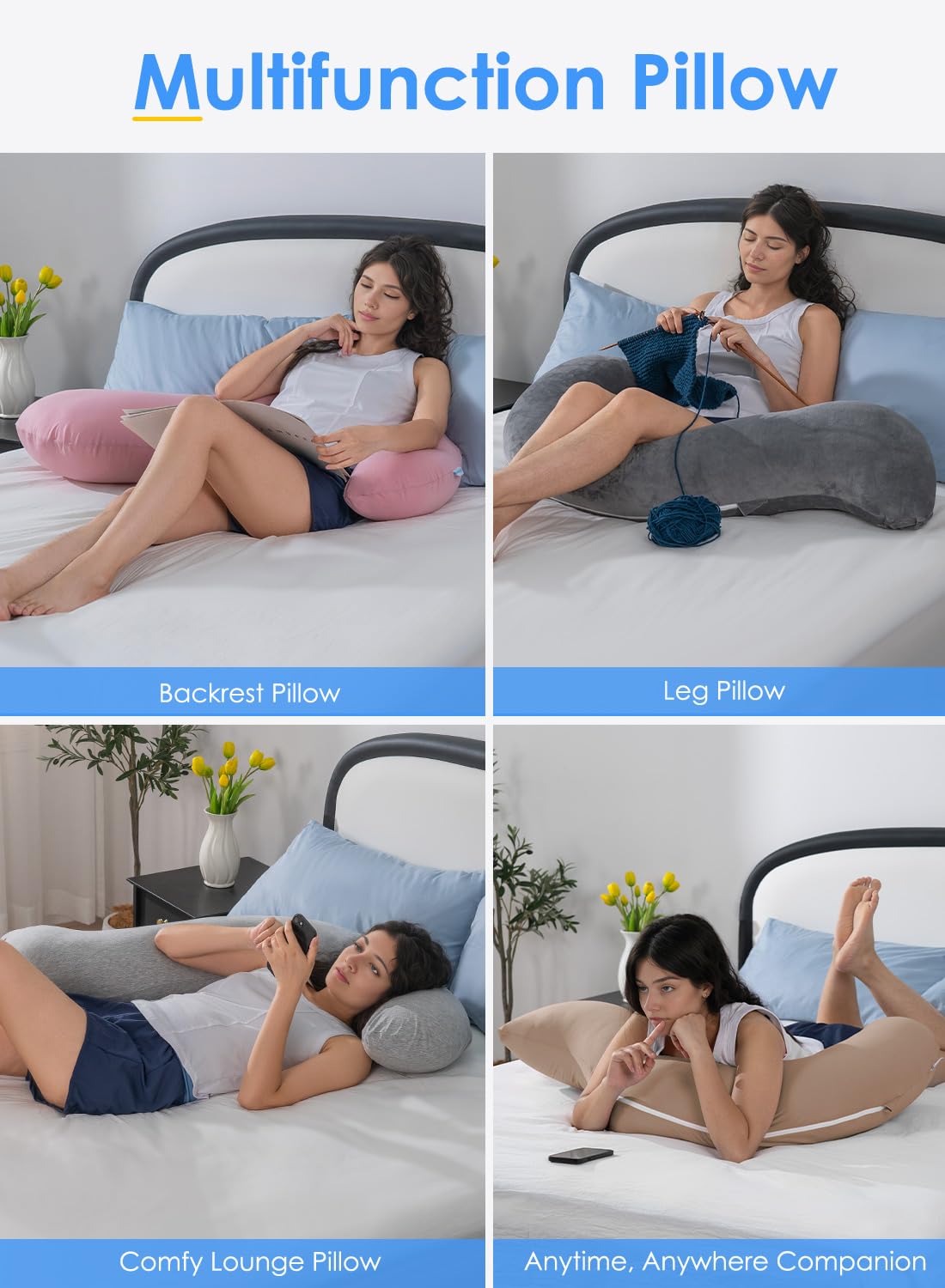 QUEEN ROSE Full Body Support Pillow for Side Sleepers - Cooling S-Shaped Hug Pillow with Removable Cover for Adults, Light Grey | Perfect for Pregnancy Support, Back Pain Relief & Comfortable Sleeping