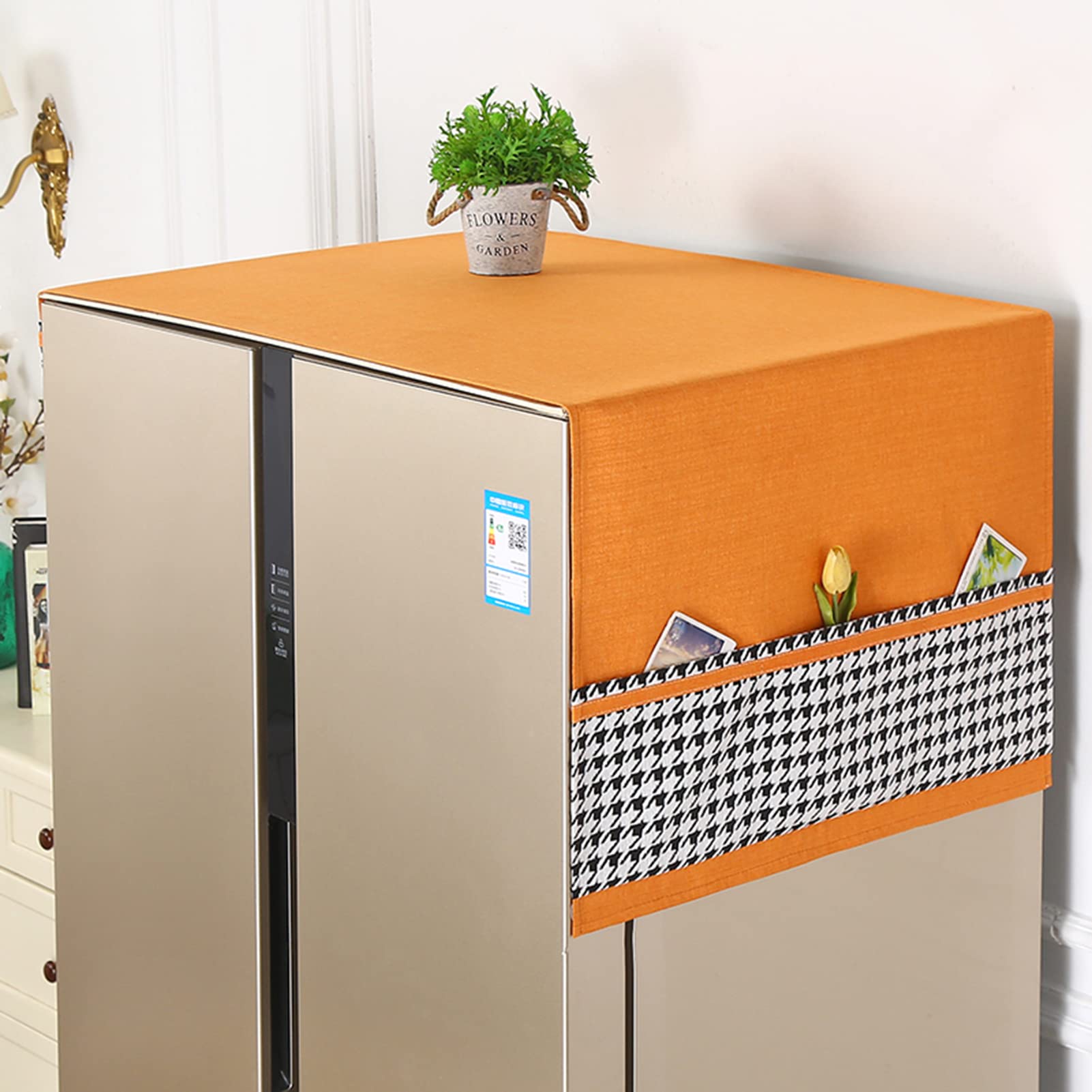 Linen Fridge Dust Cover with Pockets - Multi-Functional Washing Machine Top Cover, Cotton Linen Protective Dust Proof Cover with Side Storage Pockets - Home Kitchen Decor (60x150cm, Orange) - Perfect for Refrigerator, Washer & Appliance Protection