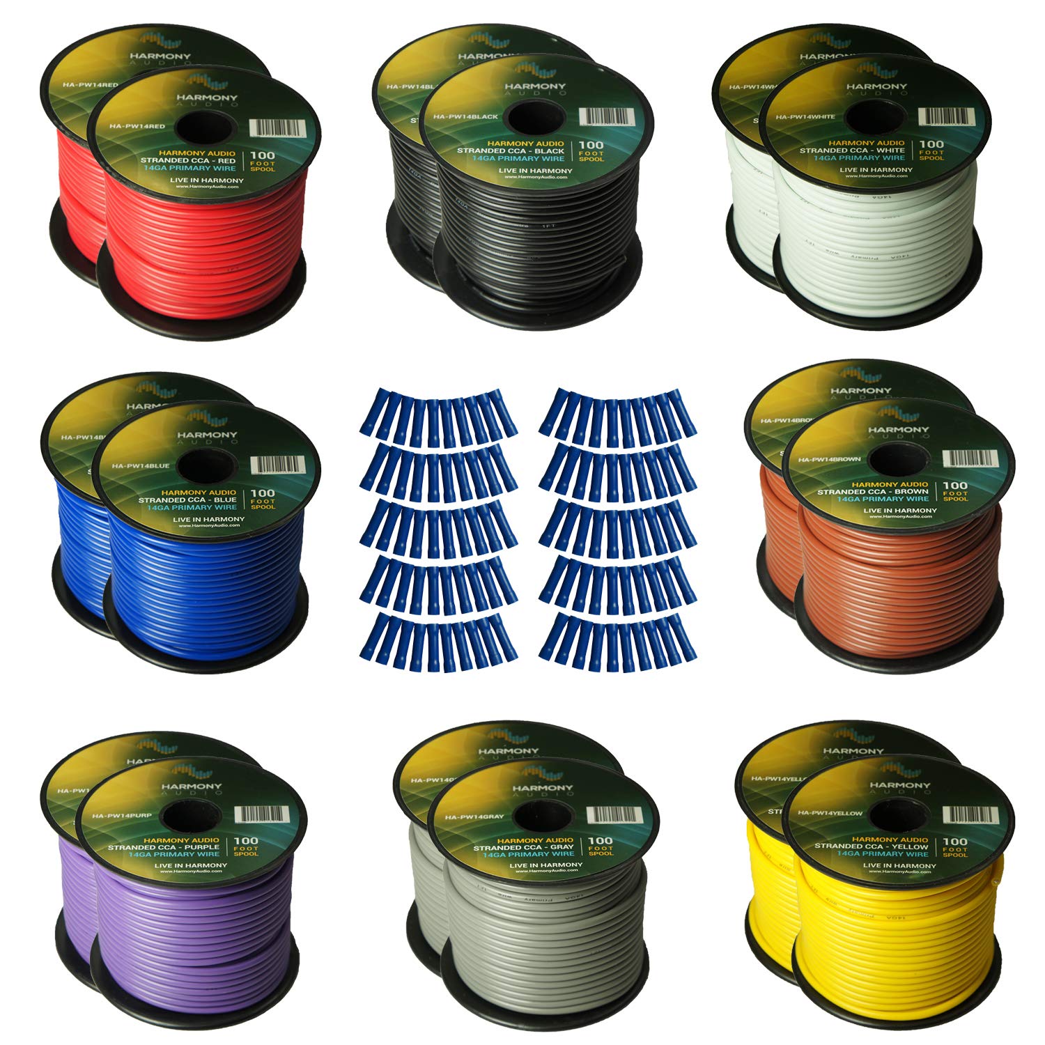 Harmony Audio 14 Gauge Primary Single Conductor Power/Ground Wire - 16 Rolls (1600 Feet) - 6 Color Mix for Car Audio, Trailer Wiring, Model Train & Remote Control Applications - Perfect for DIY Automotive Electrical Projects