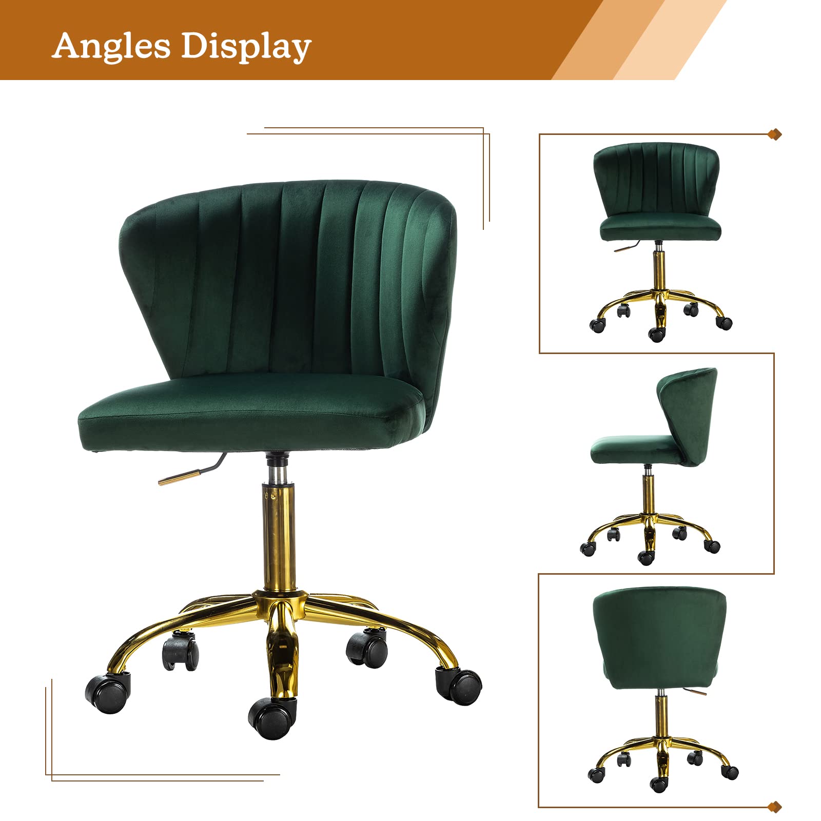 TINA'S HOME Modern Velvet Armless Office Chair with Wheels & Gold Base - Adjustable Low Back Swivel Rolling Task Chair for Home Office, Living Room, Vanity or Study - Green Velvet Upholstered Desk Chair for Work & Relaxation