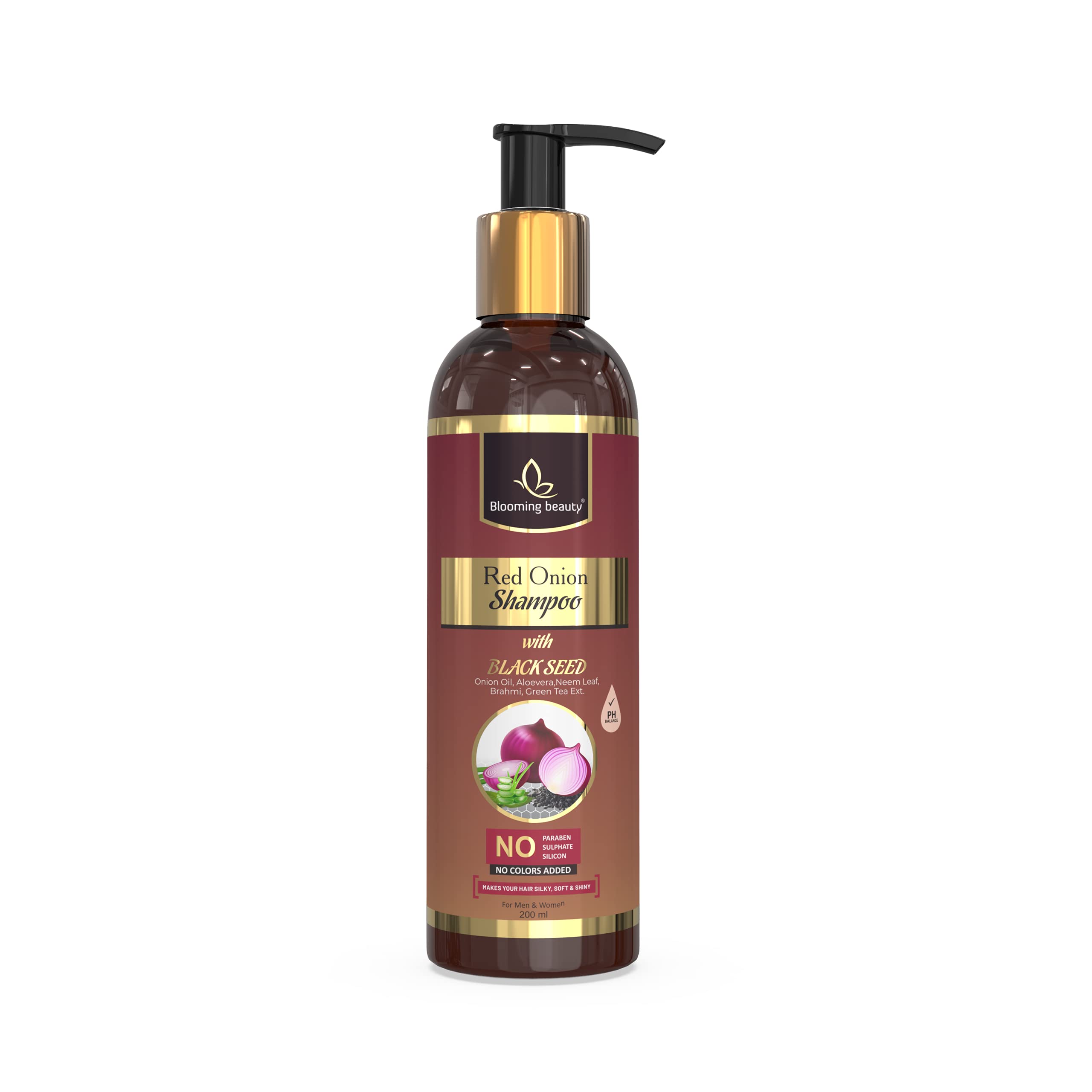 Red Onion Shampoo with Black Seed & 19 Natural Extracts (Aloe Vera, Neem, Green Tea) for Hair Growth & Hair Fall Control - 200ml | Promotes Healthy Scalp & Stronger Hair | Perfect for Daily Use & Damaged Hair Care