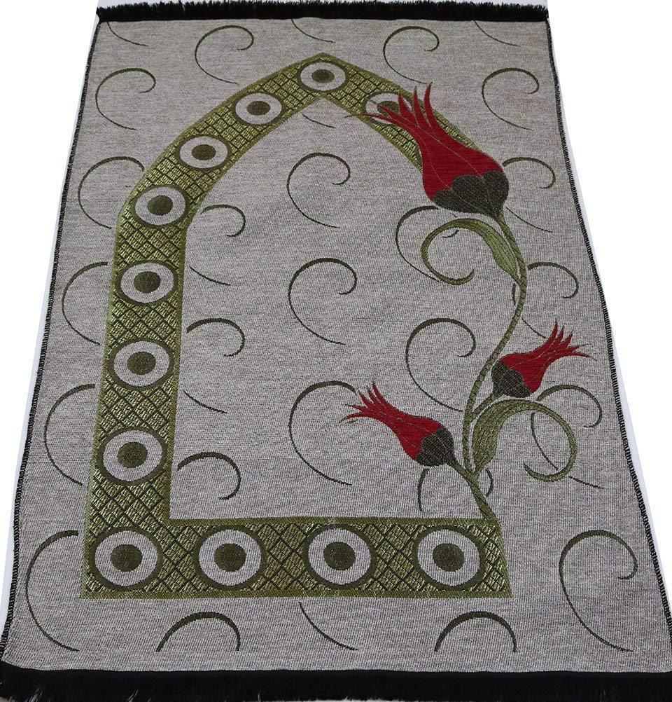 Premium Chenille Woven Islamic Prayer Rug - Turkish Tulip Grey Design | Non-Slip Prayer Mat for Home, Mosque & Travel | Soft & Durable Muslim Prayer Carpet