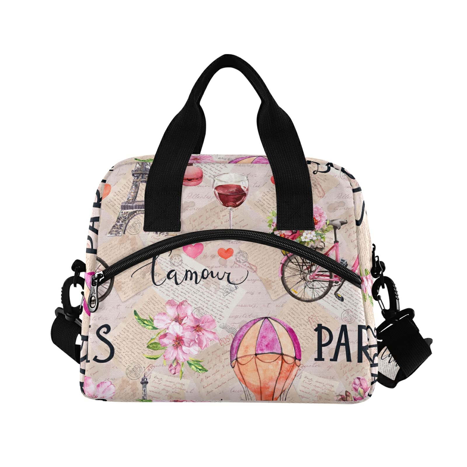Insulated Lunch Bag Cooler Tote for Women - Large Eiffel Tower Pink Floral Design, Adjustable Shoulder Strap, Portable for Travel, School, Work, Biking & Outdoor Activities