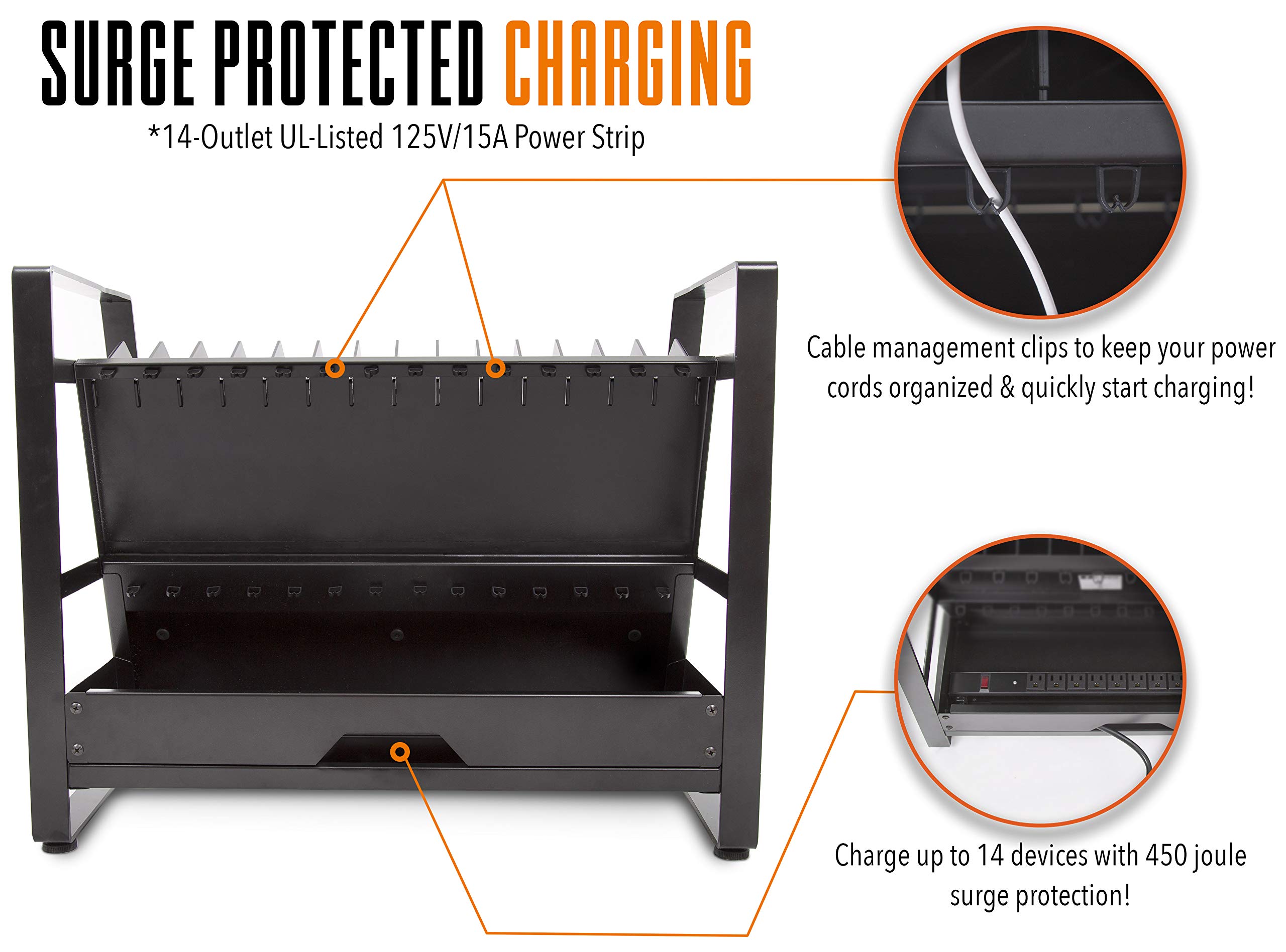 14 Device Open Charging Cart for Laptops, Tablets & Chromebooks | Mobile Laptop Station with Removable Wheels | UL-Listed Power Strip with Surge Protection | Perfect for Classrooms, Offices & Libraries