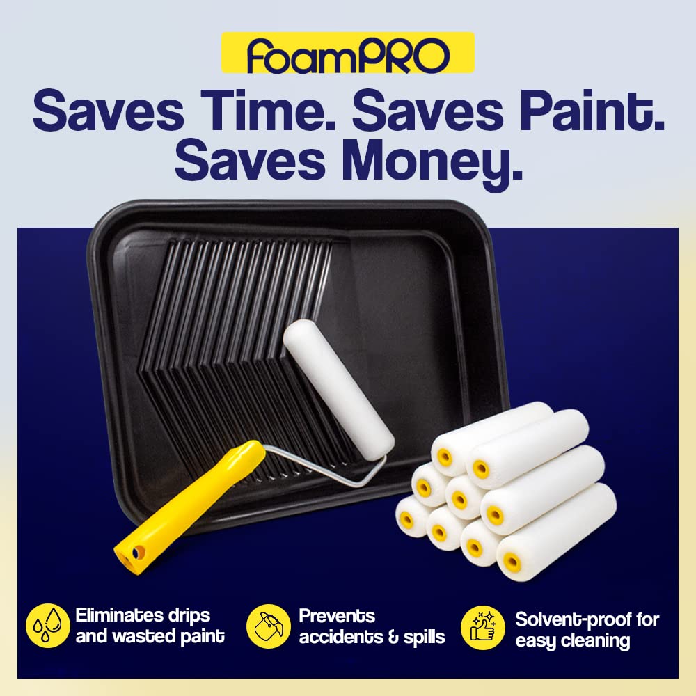 FoamPRO 309 9-Inch Molded Plastic Paint Tray - 3 Pack, Black - Solvent-Proof Roller Trays with Ladder Hook Legs - Durable Interior & Exterior Painting Supplies for Paint Rollers & Brushes - Perfect for DIY Home Projects, Wall Painting, and Professional Use