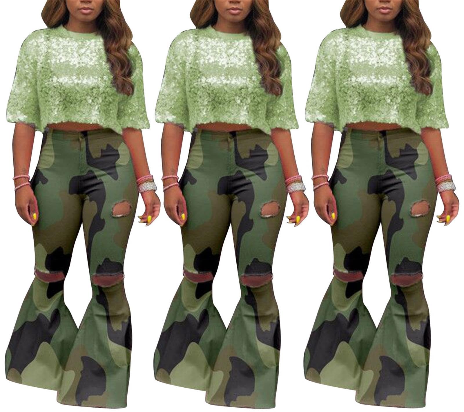 Lucuna Women's High Waisted Flare Camo Jeans - Y2K Vintage Army Fatigue Ripped Bell Bottom Denim Pants for Casual Wear & Street Fashion