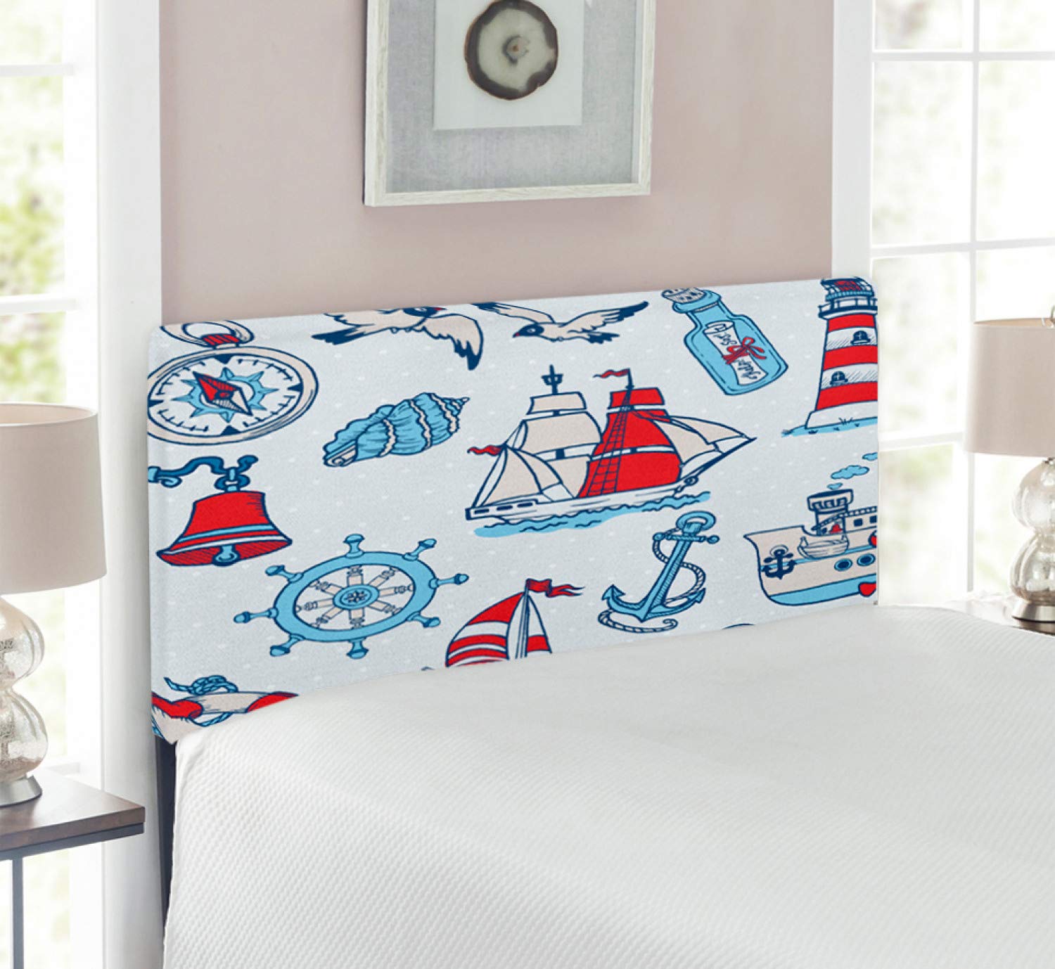 Ambesonne Nautical Upholstered Headboard - Twin Size Blue & Red Sea Creature Design with Memory Foam | Decorative Metal Bed Headboard Featuring Compass, Shells & Seagulls | Perfect for Coastal, Beach House or Nautical Themed Bedrooms