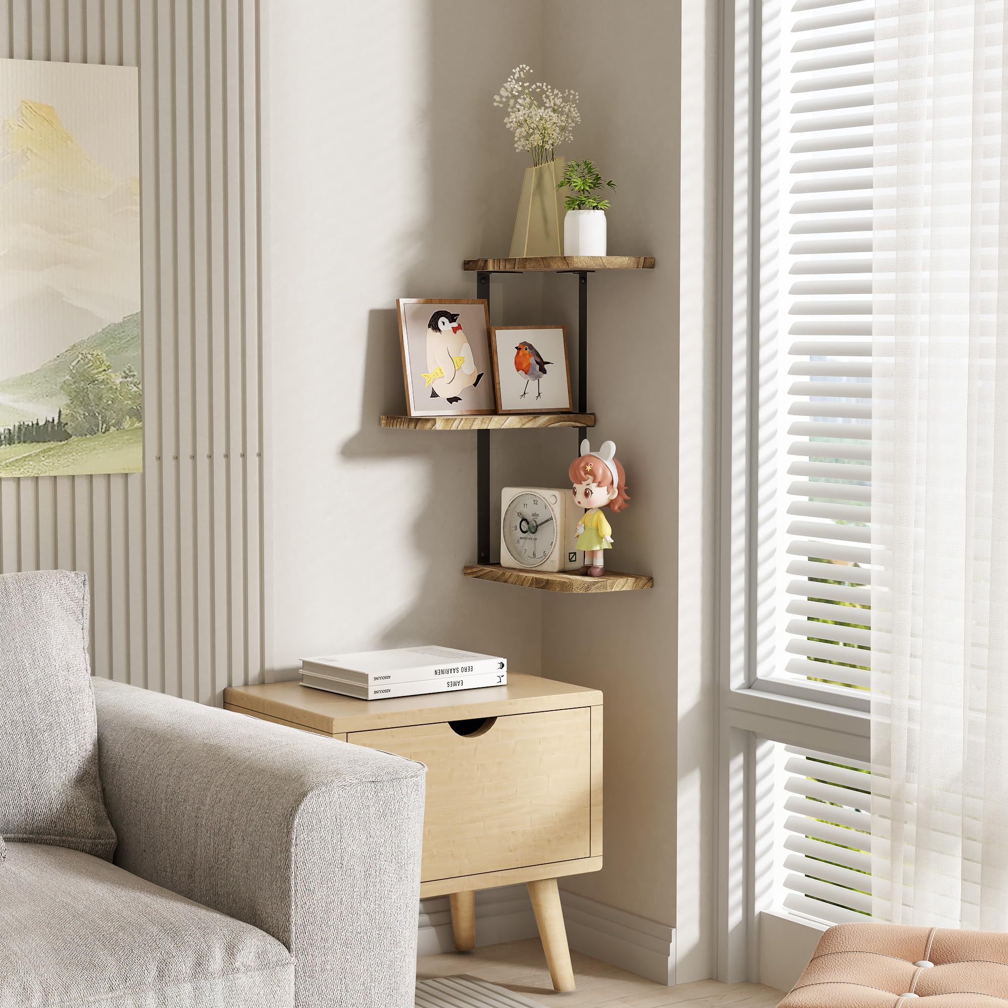 3-Tier Rustic Wood Floating Corner Shelf Wall Mount - Carbonized Black | Space-Saving Storage for Bedroom, Living Room, Bathroom, Kitchen & Office Decor | Perfect for Displaying Plants, Books & Decorative Items