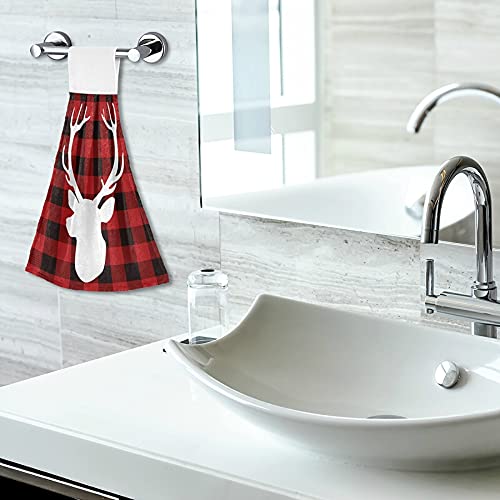 Christmas Lumberjack Deer Kitchen Towels - Red Buffalo Plaid Hanging Hand Towel Set of 2 - Soft Absorbent Coral Velvet for Bathroom, Dish Drying & Oven Handle - Perfect for Holiday Decor & Farmhouse Kitchen Decor