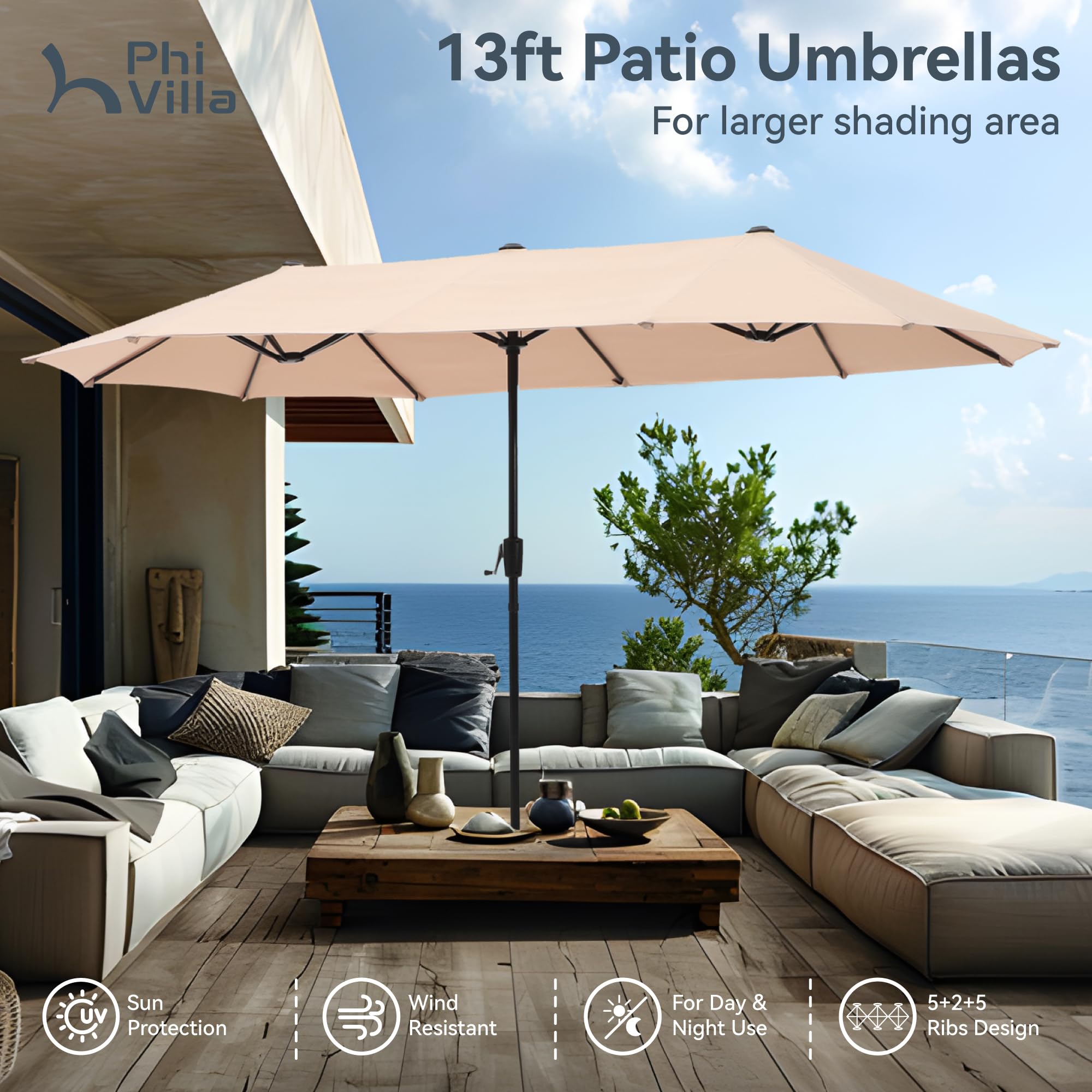 PHI VILLA 7-Piece Outdoor Dining Set with Umbrella - Black Metal Patio Table & 6 Foldable Chairs with Adjustable Backrest - Perfect for Garden, Deck, Backyard & Poolside Entertaining