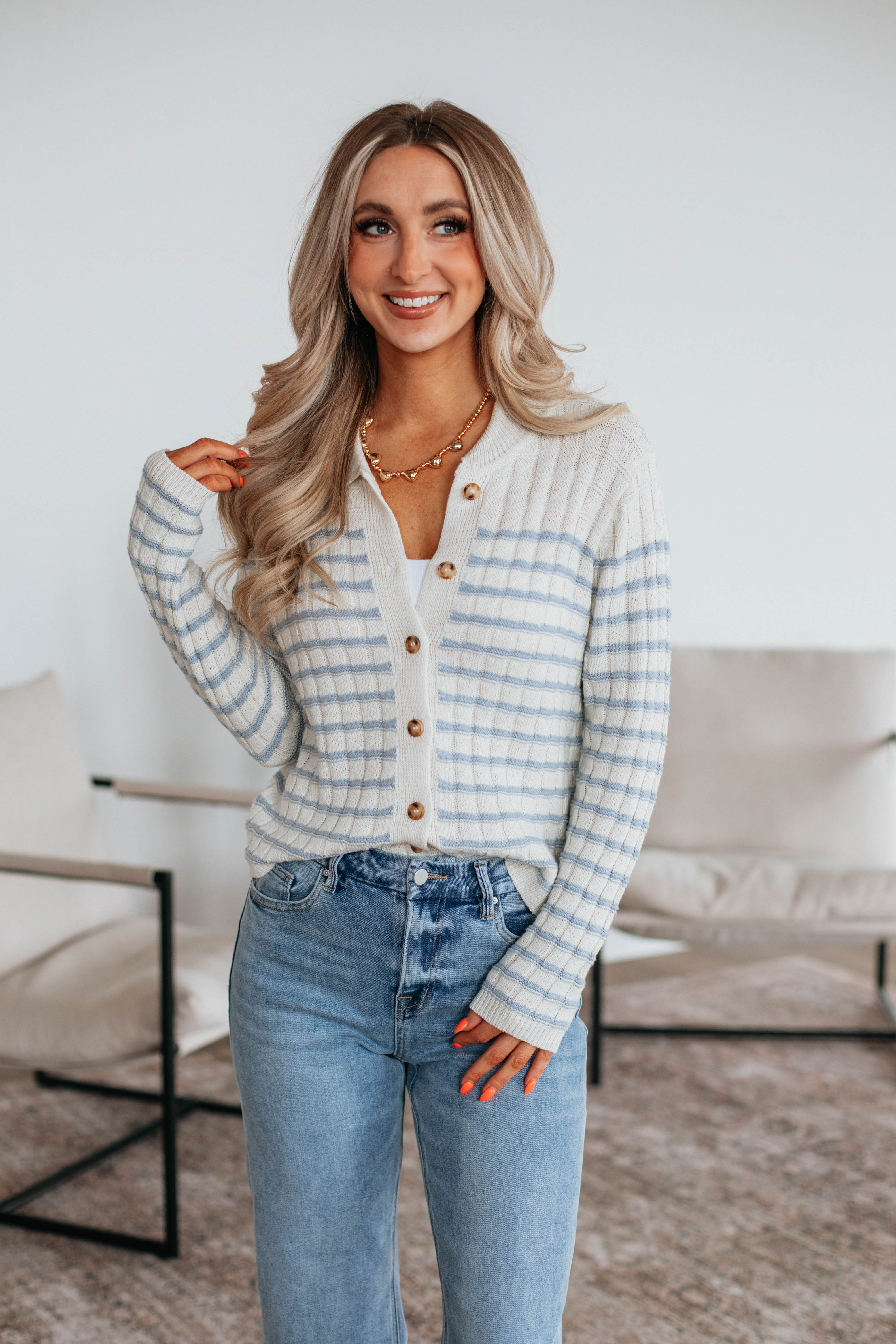 Emaline Striped Cardigan Women's Lightweight Knit Sweater - Sky Blue Mix Color for Casual Outfits & Fall Layering