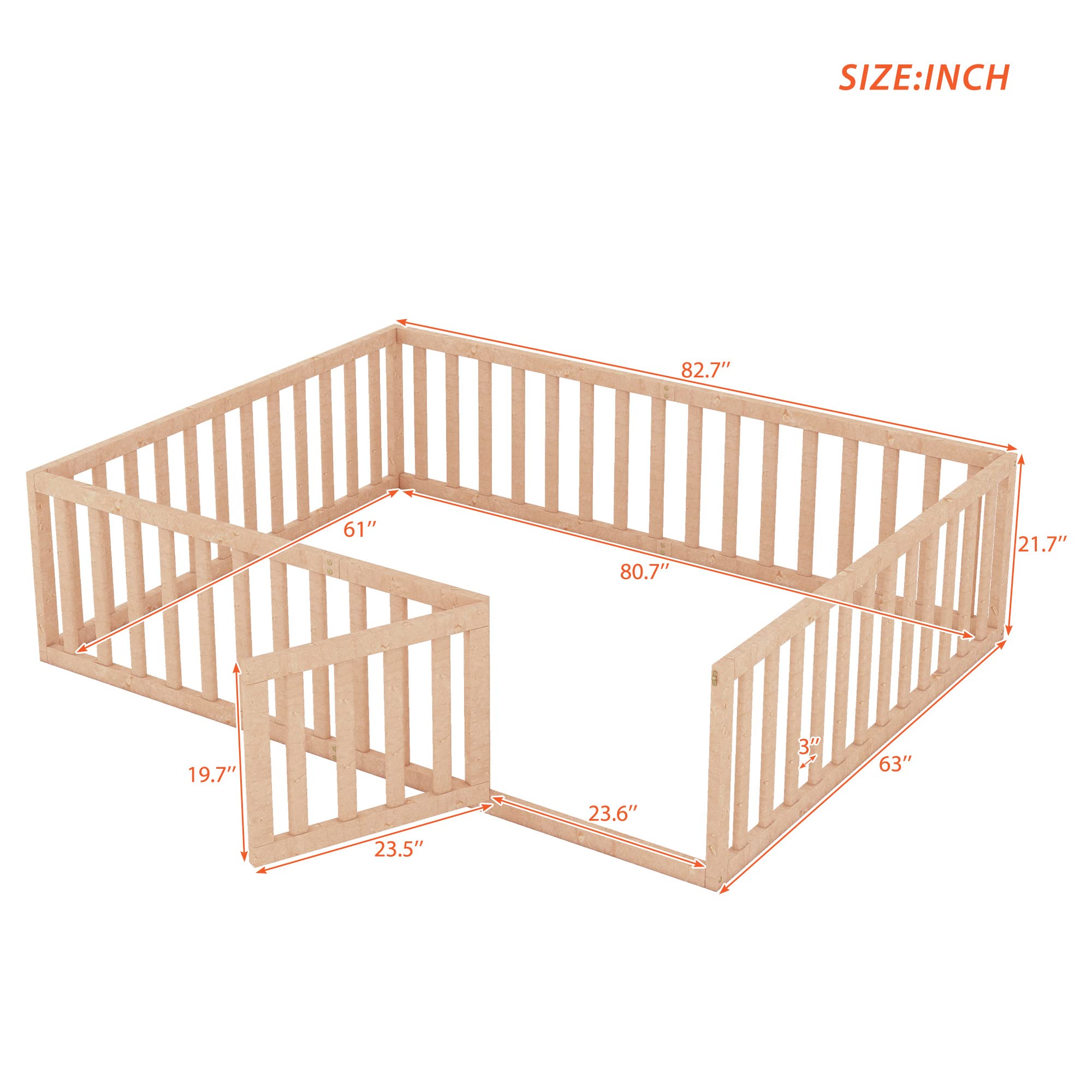 LZ LEISURE ZONE Solid Wood Queen Size Platform Bed Frame with Fence & Door - Sturdy Daybed for Bedroom, Guest Room, or Dorm - Natural Wood Finish