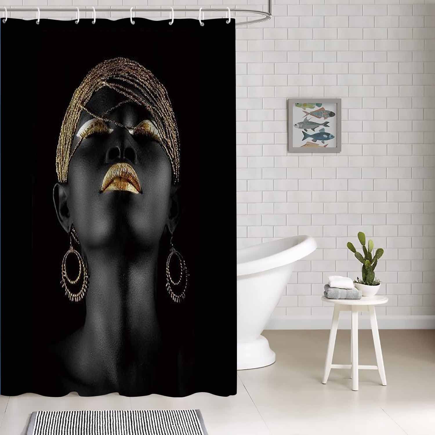 Black Girl Shower Curtain with Gold Lips Design - 48x72 Inch Afro-Inspired Bathroom Decor Set with 8 Hooks - Machine Washable Polyester Fabric for Stylish Bathroom Makeover - Perfect for Black Pride, Cultural Decor & Modern Home Bathrooms
