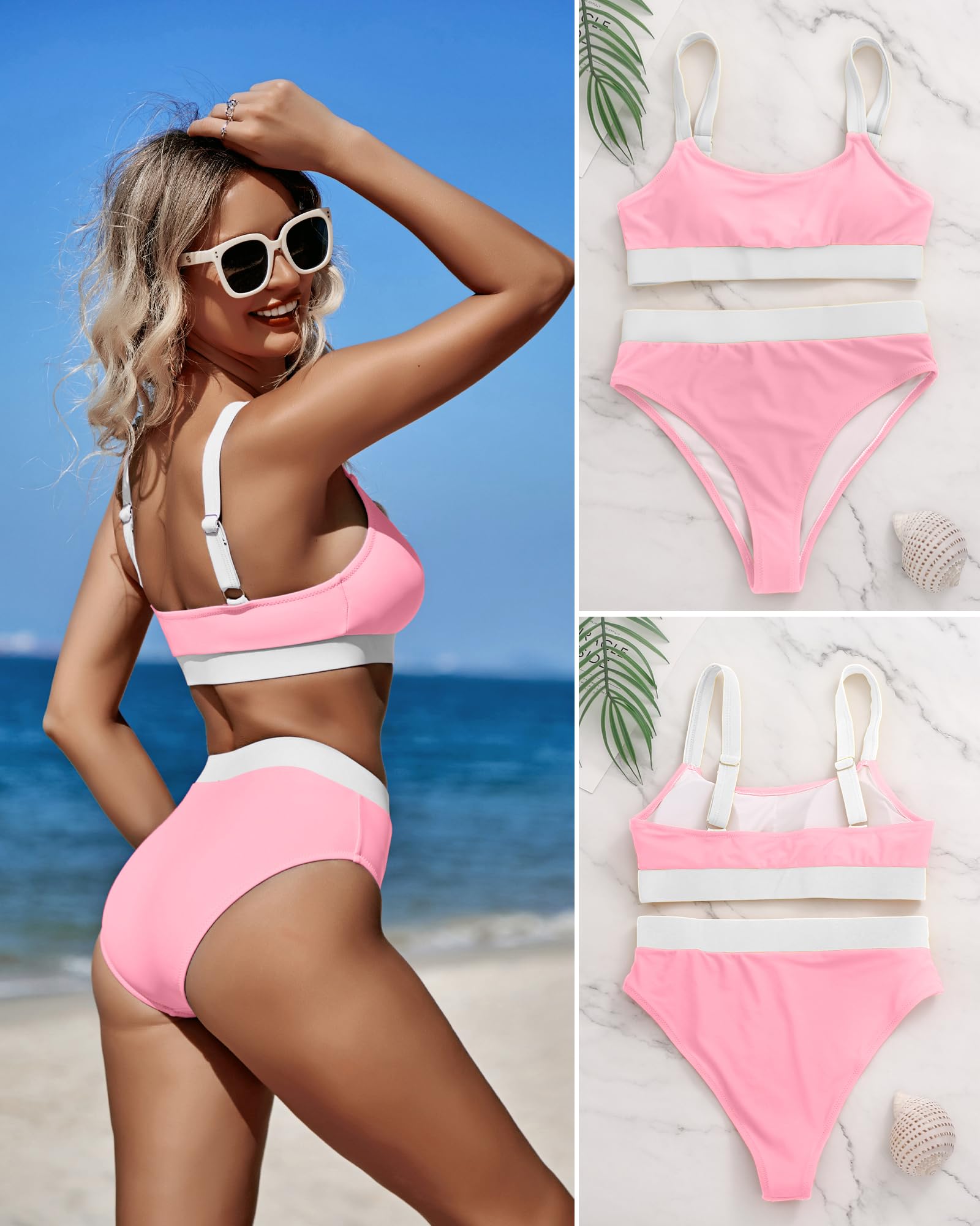 ZINPRETTY Women's High Waisted Bikini Set - Color Block Swimwear 2 Piece Bathing Suit with Tummy Control for Sporty Teens | Beach, Pool & Summer Vacation Outfits