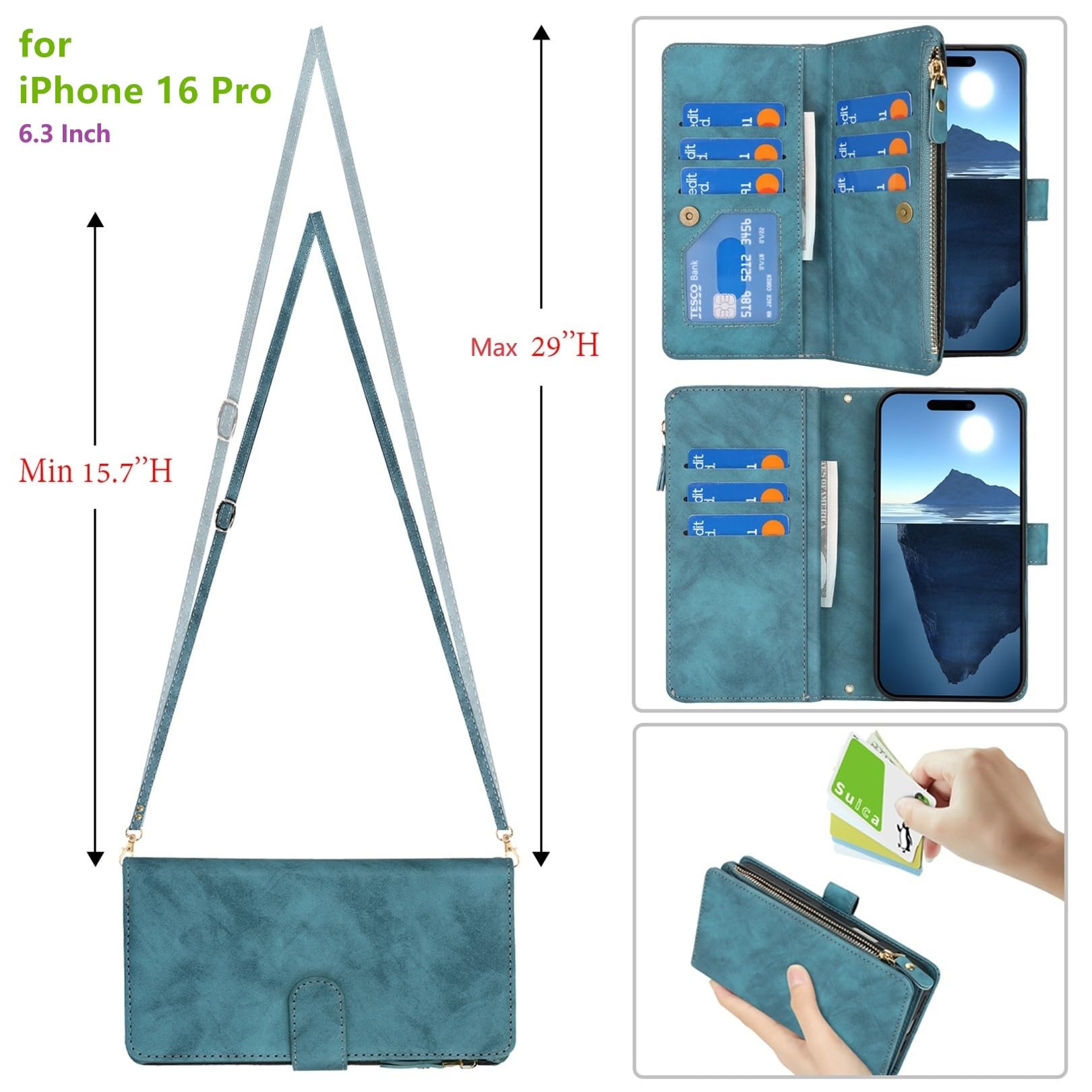 Premium PU Leather iPhone 16 Pro Wallet Case with Card Holder & Zipper Pocket - Crossbody Strap & Shoulder Lanyard - Women's Fashion Phone Cover (6.3