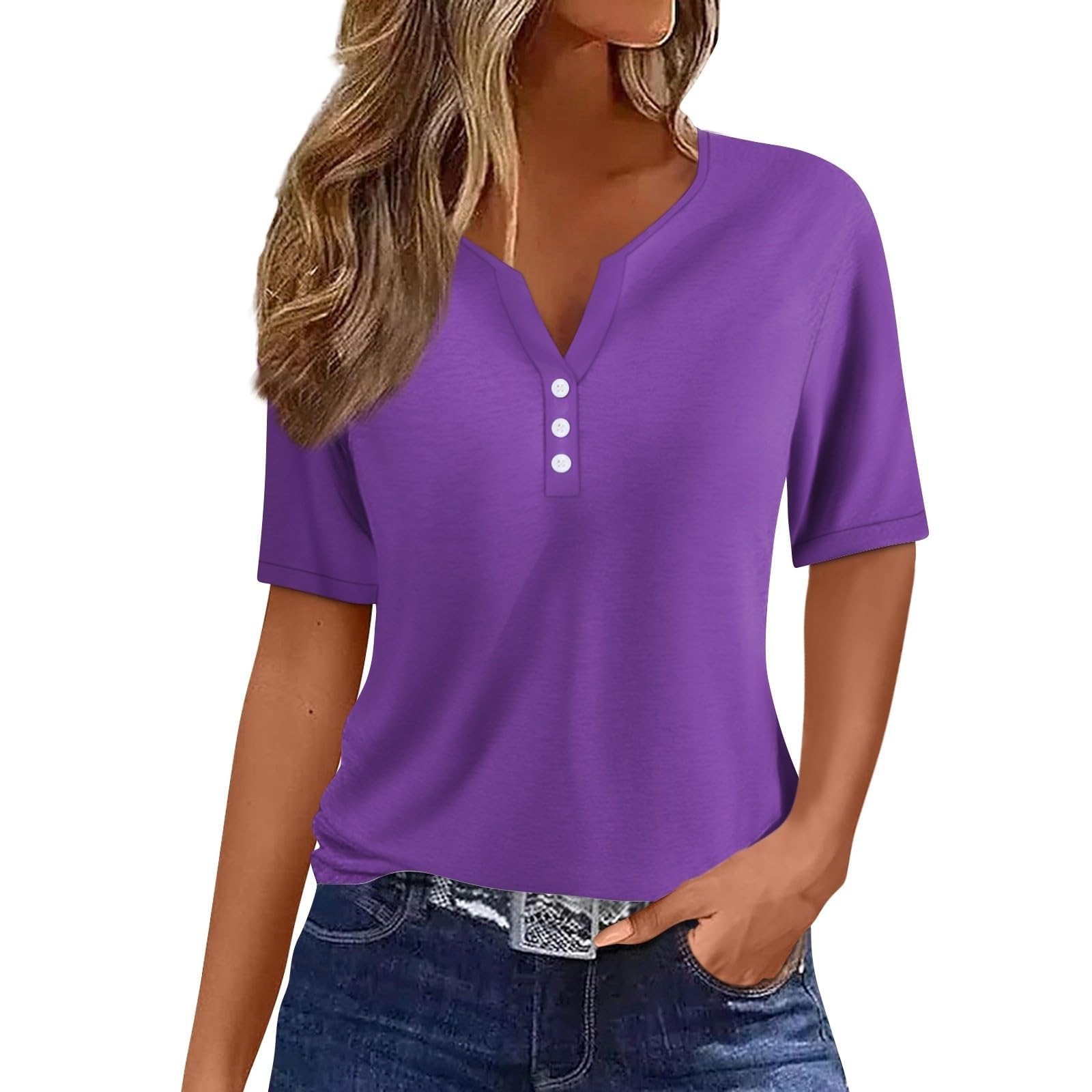 Trendy 2024 Summer V-Neck Boho Short Sleeve Tops for Women - Casual Loose Comfy Tunic Shirts & Vacation Sweatshirts - Perfect for Beach Outings, Weekend Wear and Boho Fashion Styles