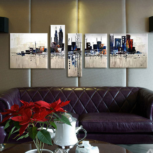 5 Panel Modern Hand Painted Cityscape Canvas Wall Art - Urban Landscape Painting for Living Room Decor, Office & Bedroom Wall Decorations