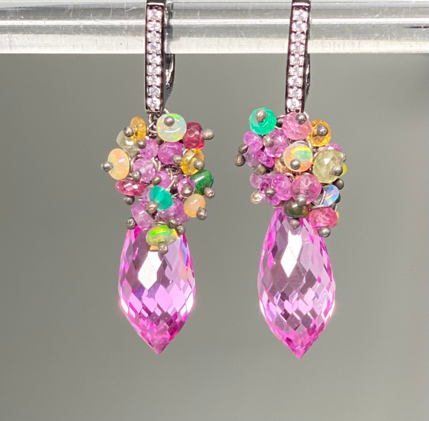 Oxidized Silver Pink Topaz & Opal Sapphire Cluster Earrings | Elegant Dangle Jewelry for Weddings, Parties & Special Occasions