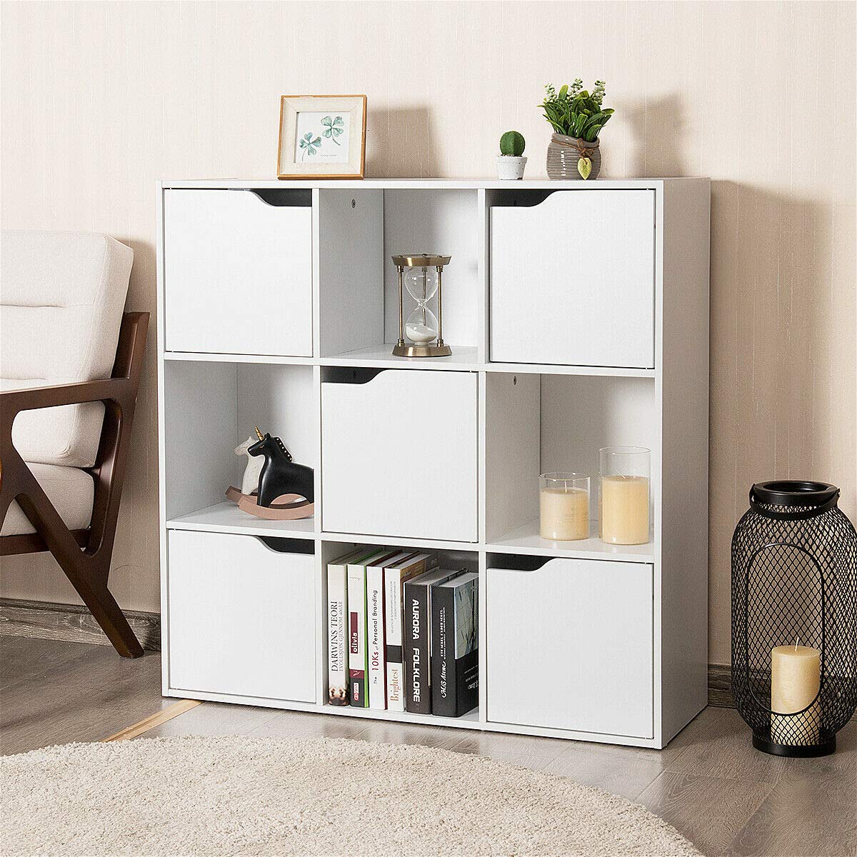 DORTALA 9-Cube Storage Organizer Cabinet with Doors - 4 Open Cubes & 5 Cabinets - 3-Tier Bookshelf for Home Office, Living Room, Bedroom - Perfect for Organizing Books, Toys, Decorations & Display Items