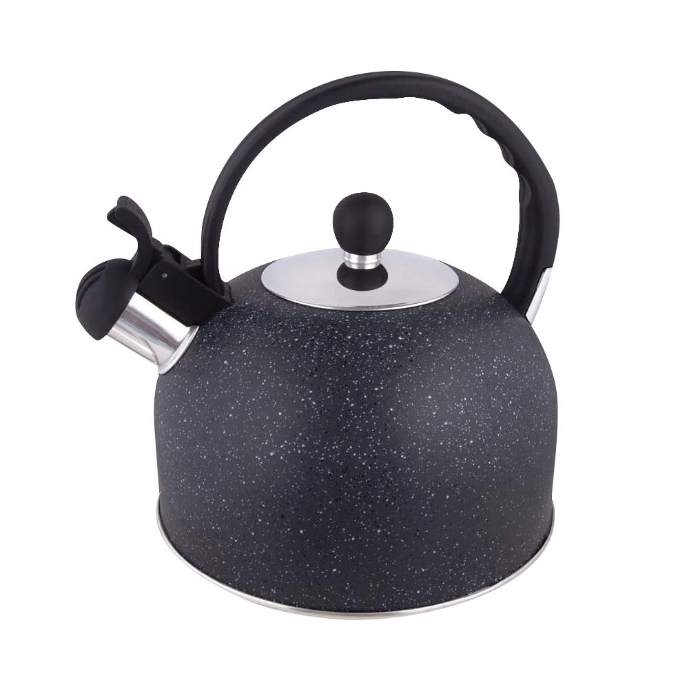 BLBO 2.5 Quart Stainless Steel Whistling Tea Kettle with Wooden Handle - Stovetop Safe, Food Grade, Loud Whistle - Perfect for Home, Office, Camping & Tea Lovers (Black)